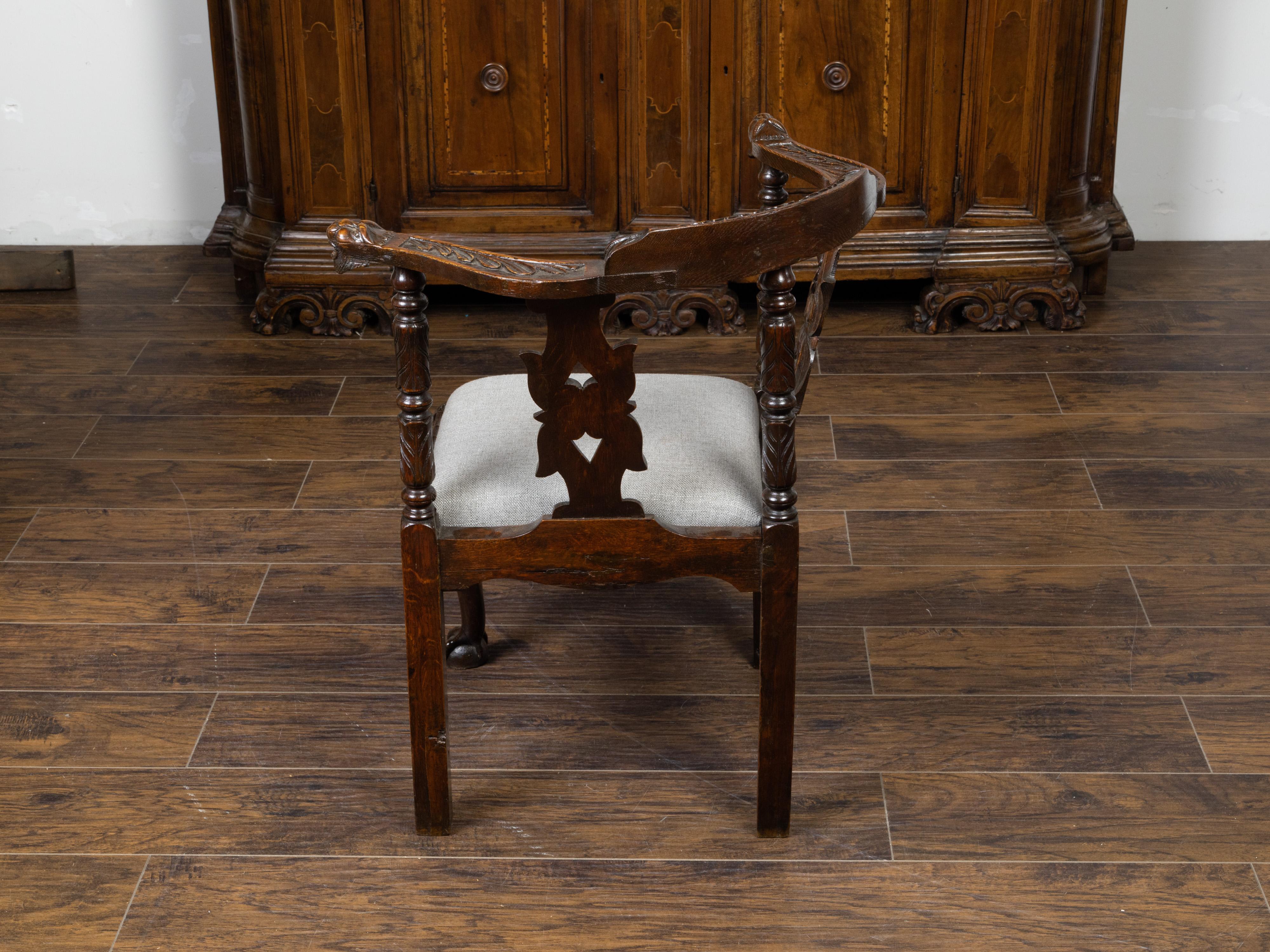 English 19th Century Oak Corner Chair with Carved Foliage and New Upholstery For Sale 2