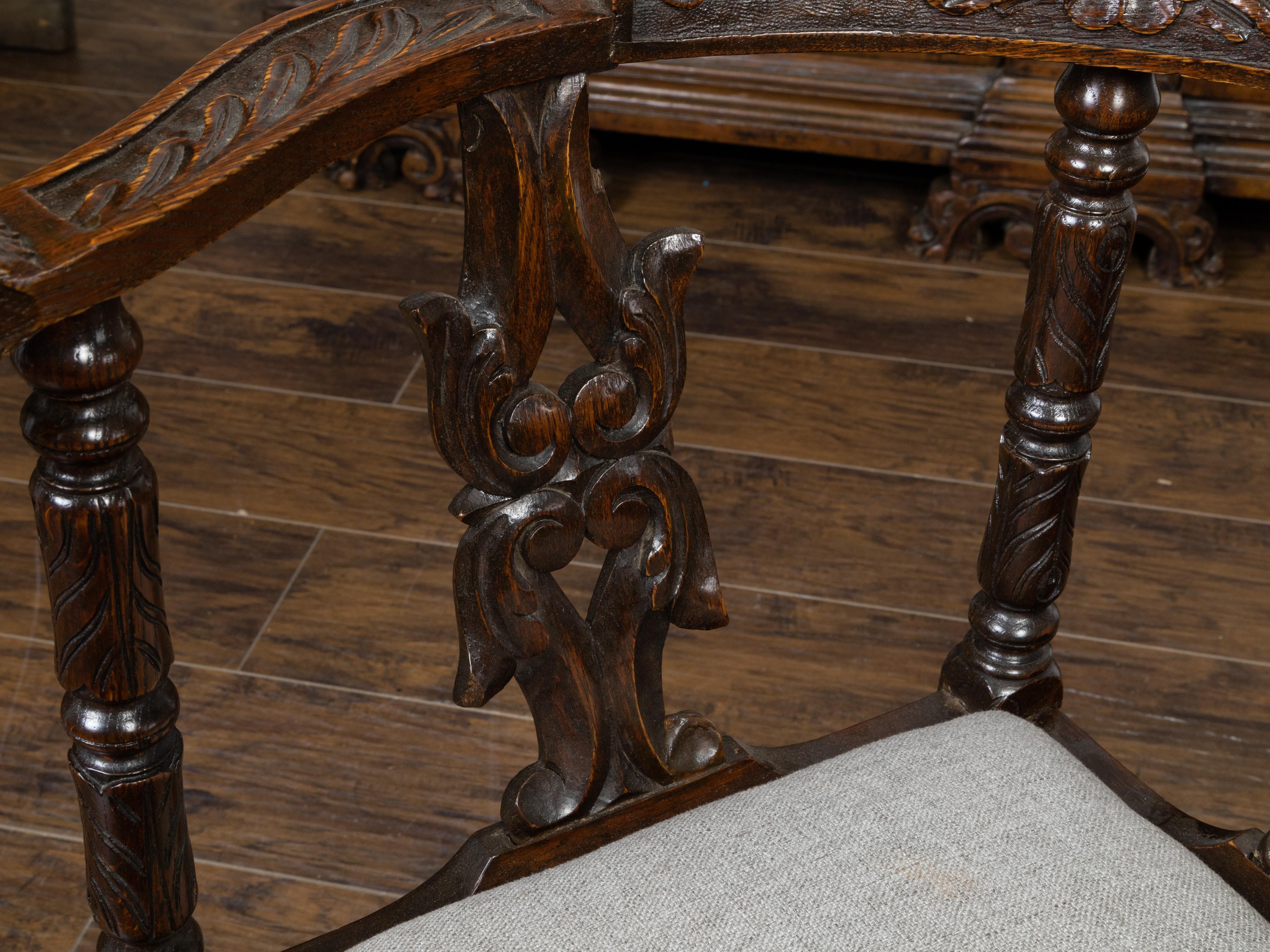 English 19th Century Oak Corner Chair with Carved Foliage and New Upholstery For Sale 3
