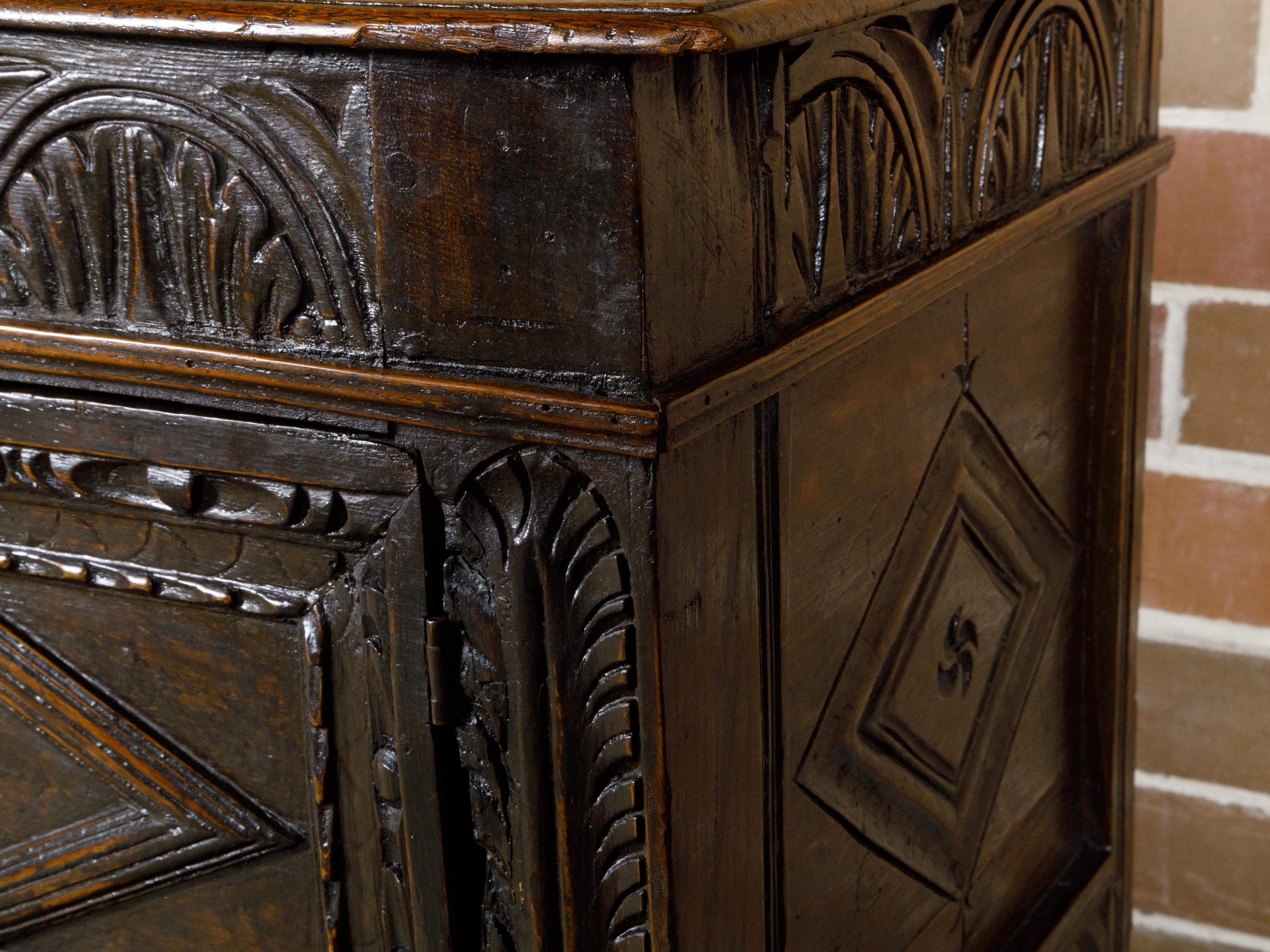 English 19th Century Oak Cupboard with Carved Décor, Two Doors and Low Shelf For Sale 1