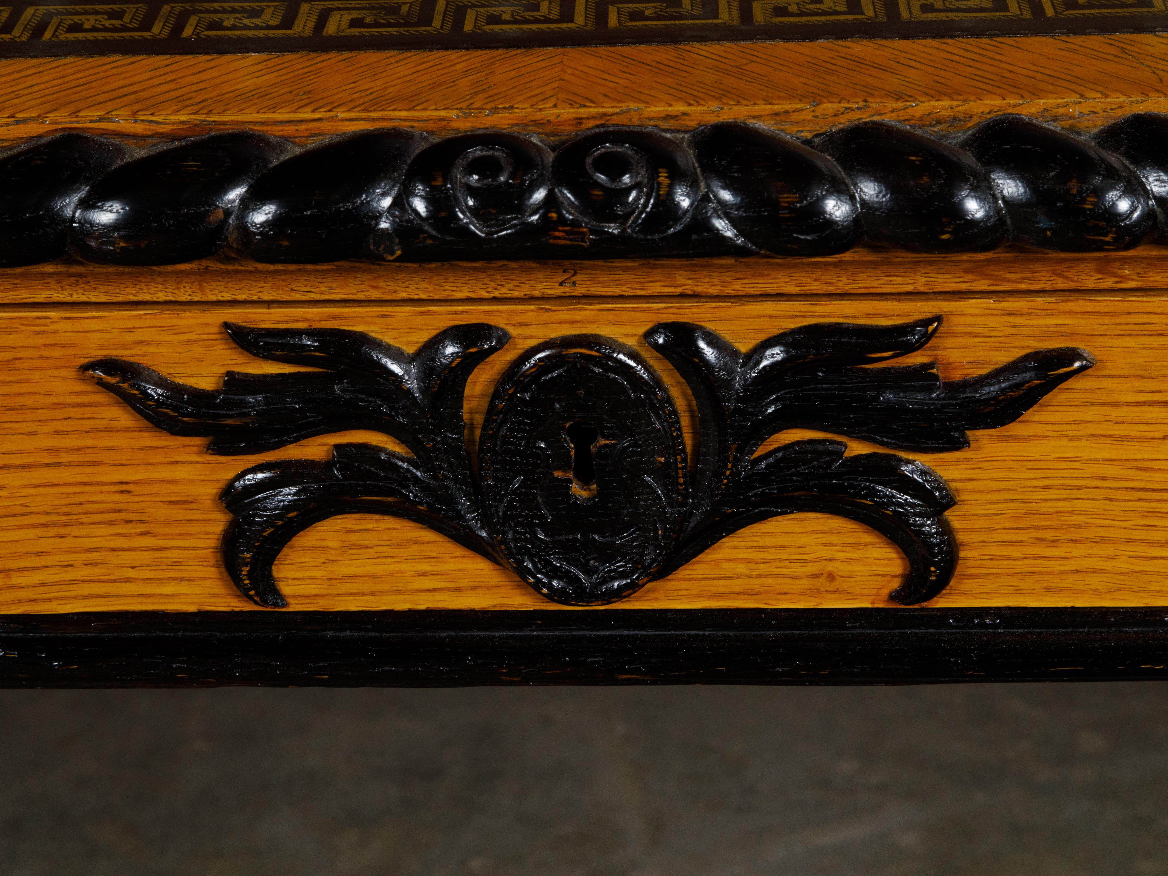 English 19th Century Oak Desk with Ebonized Accents and Gilded Greek Key Frieze For Sale 6