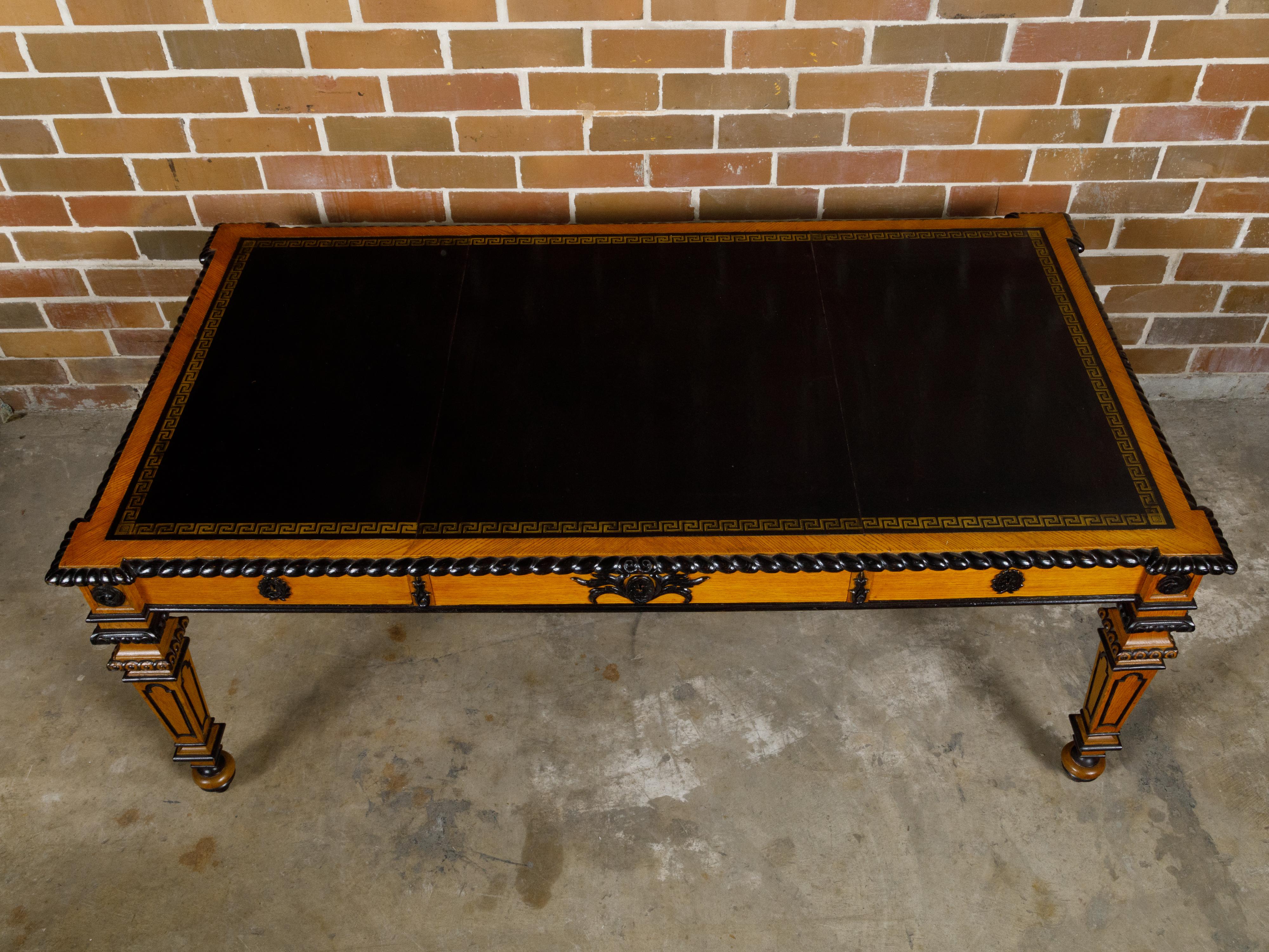 English 19th Century Oak Desk with Ebonized Accents and Gilded Greek Key Frieze For Sale 8