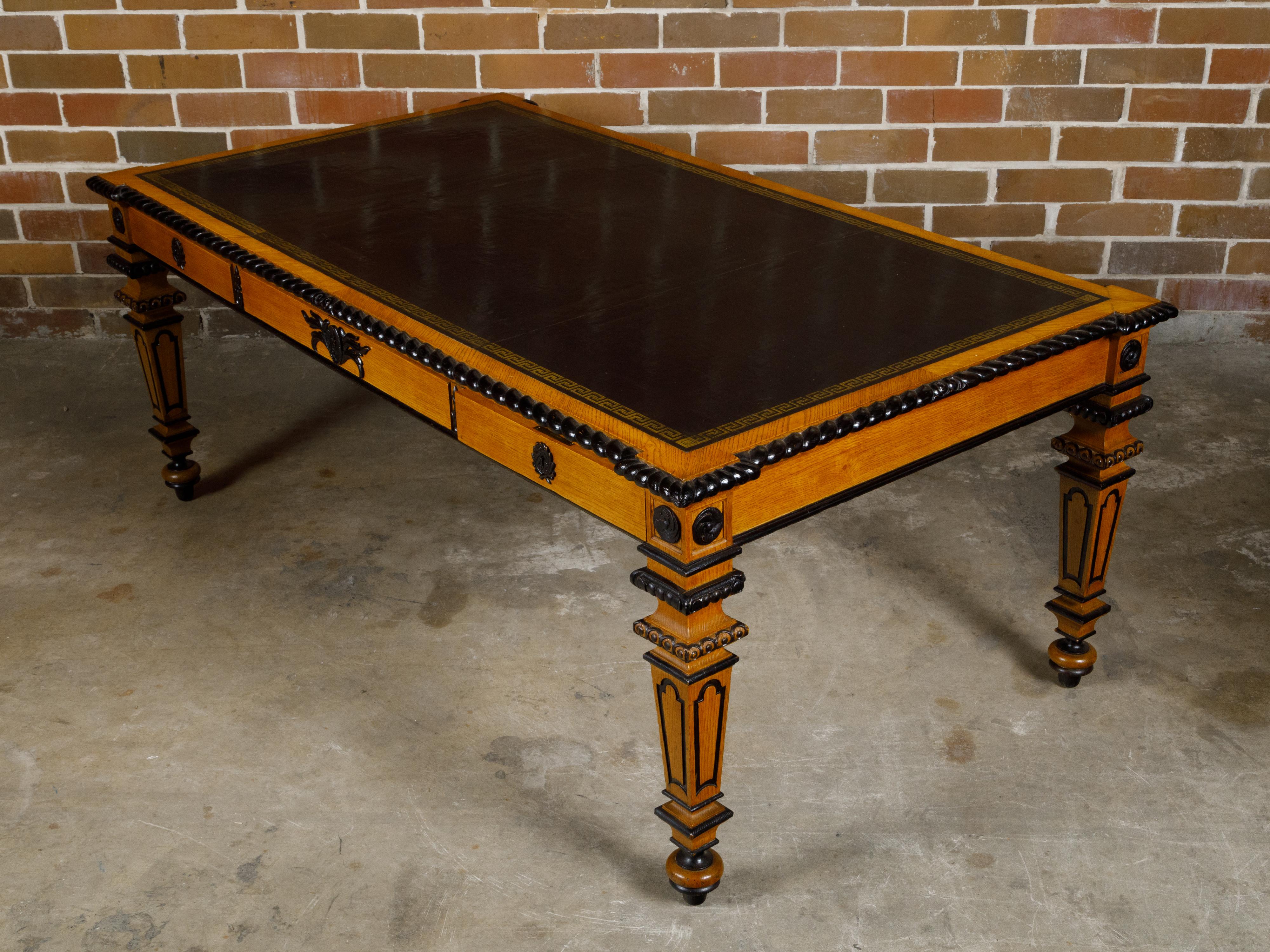 English 19th Century Oak Desk with Ebonized Accents and Gilded Greek Key Frieze For Sale 10