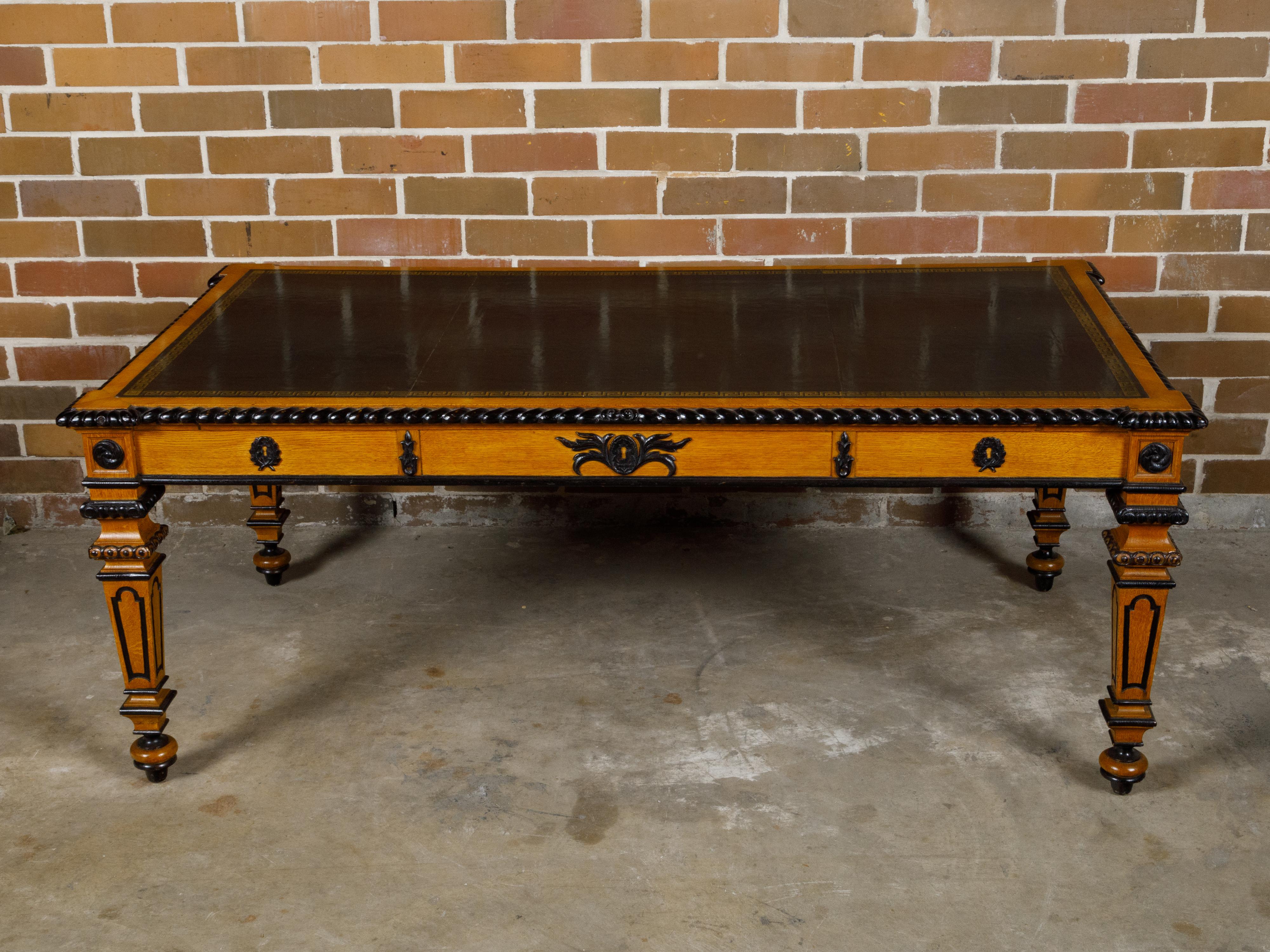 English 19th Century Oak Desk with Ebonized Accents and Gilded Greek Key Frieze For Sale 12