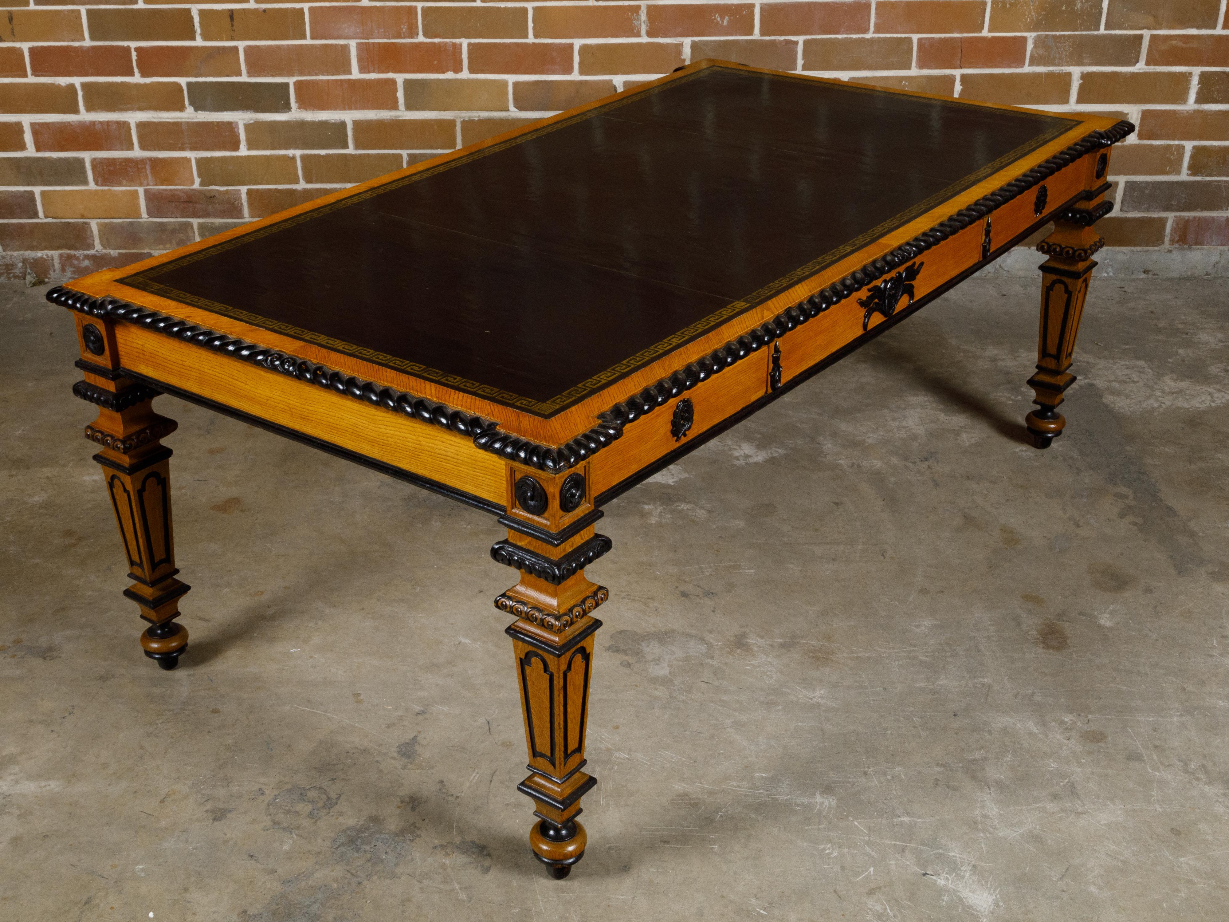 English 19th Century Oak Desk with Ebonized Accents and Gilded Greek Key Frieze For Sale 14