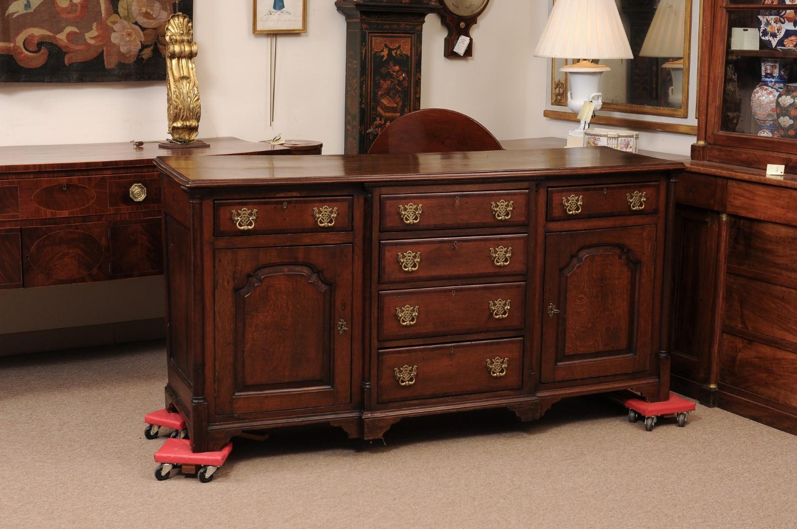 English 19th Century Oak Dresser Base with 2 Cabinet Doors, Flanking Column Detail and 6 Drawers