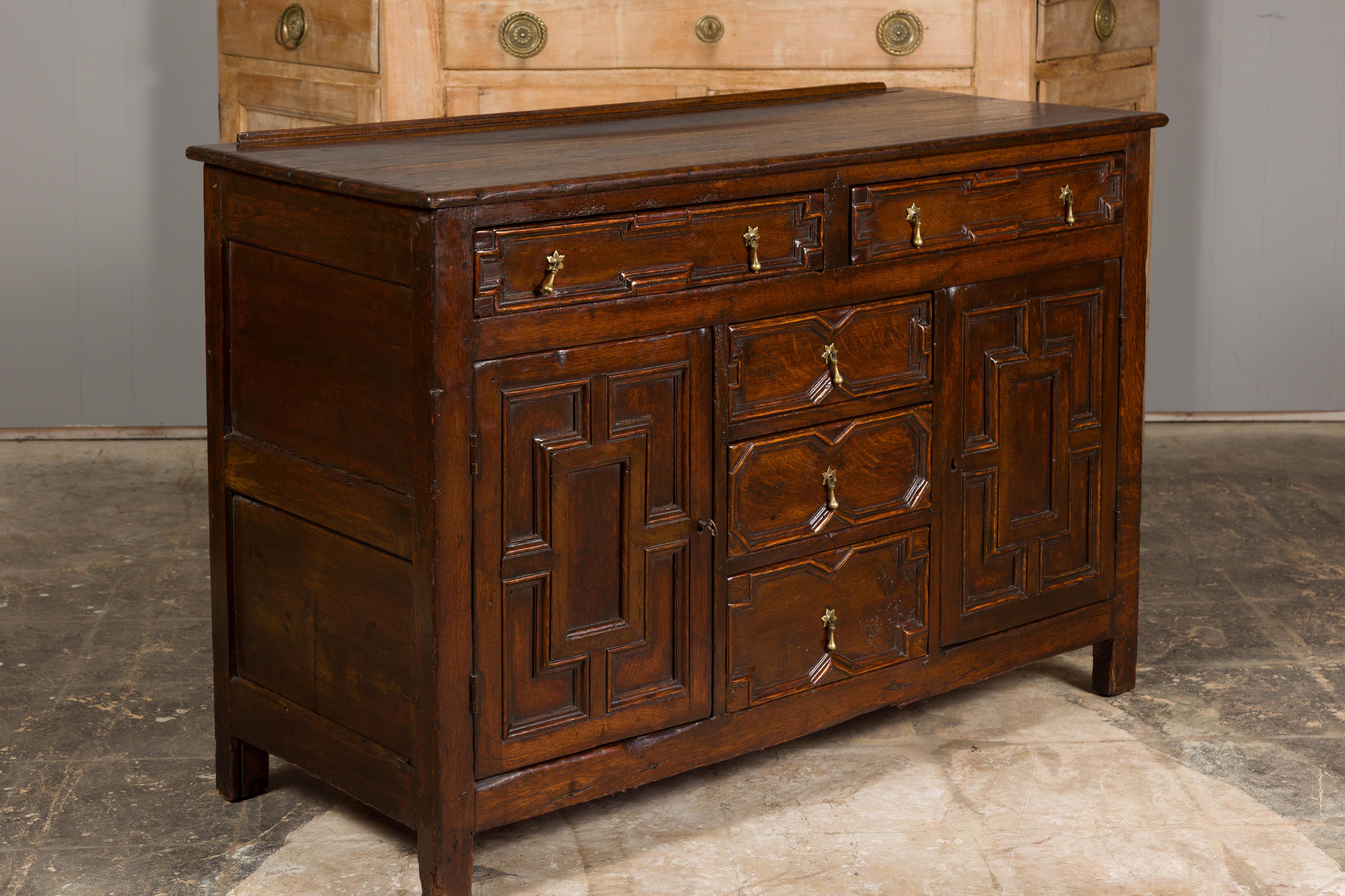 English 19th Century Oak Dresser Base with Geometric Front, Drawers and Doors For Sale 7