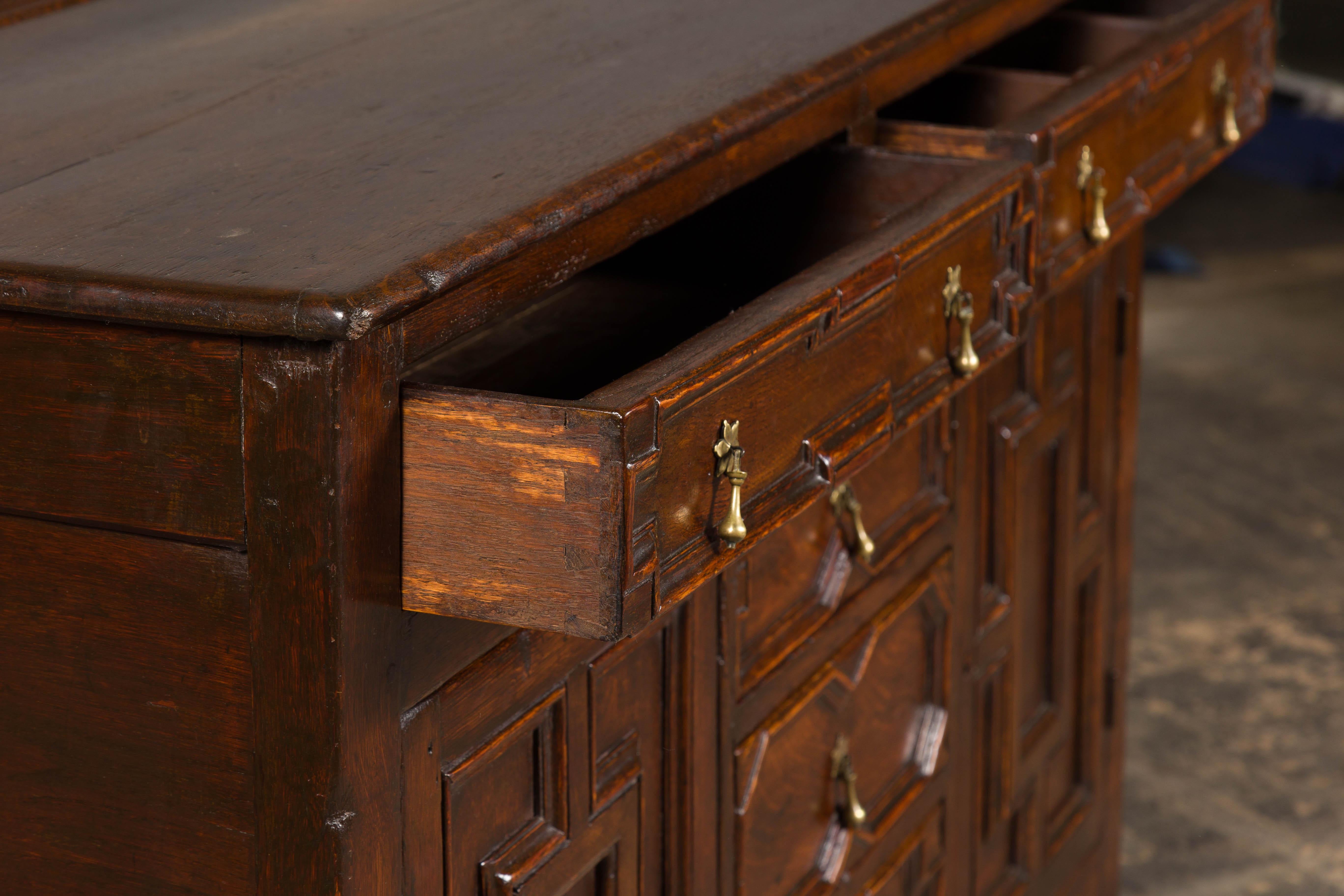 English 19th Century Oak Dresser Base with Geometric Front, Drawers and Doors For Sale 8