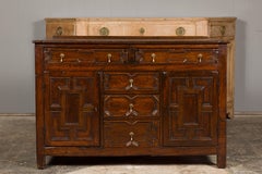 English 19th Century Oak Dresser Base with Geometric Front, Drawers and Doors