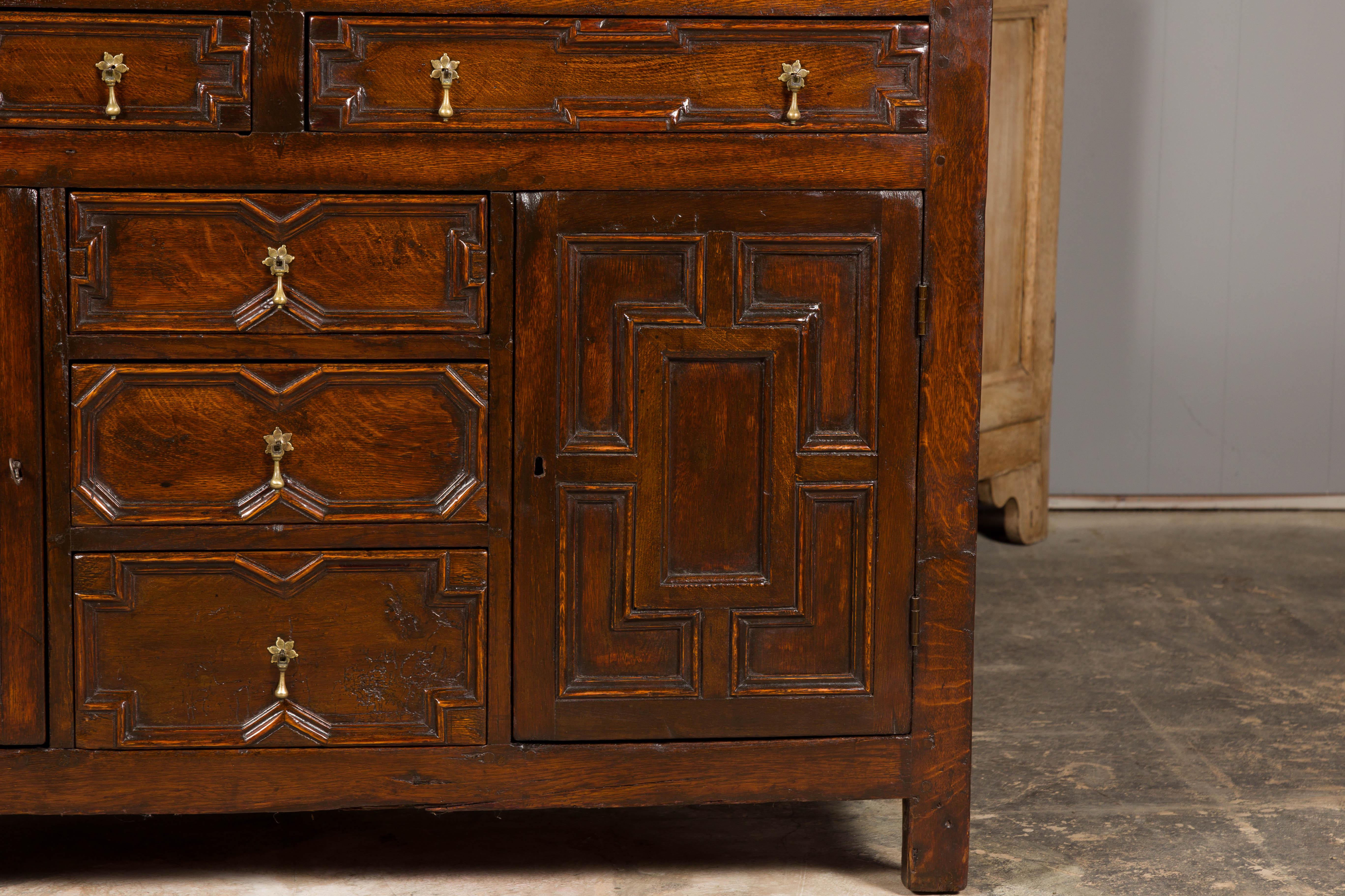 Brass English 19th Century Oak Dresser Base with Geometric Front, Drawers and Doors For Sale