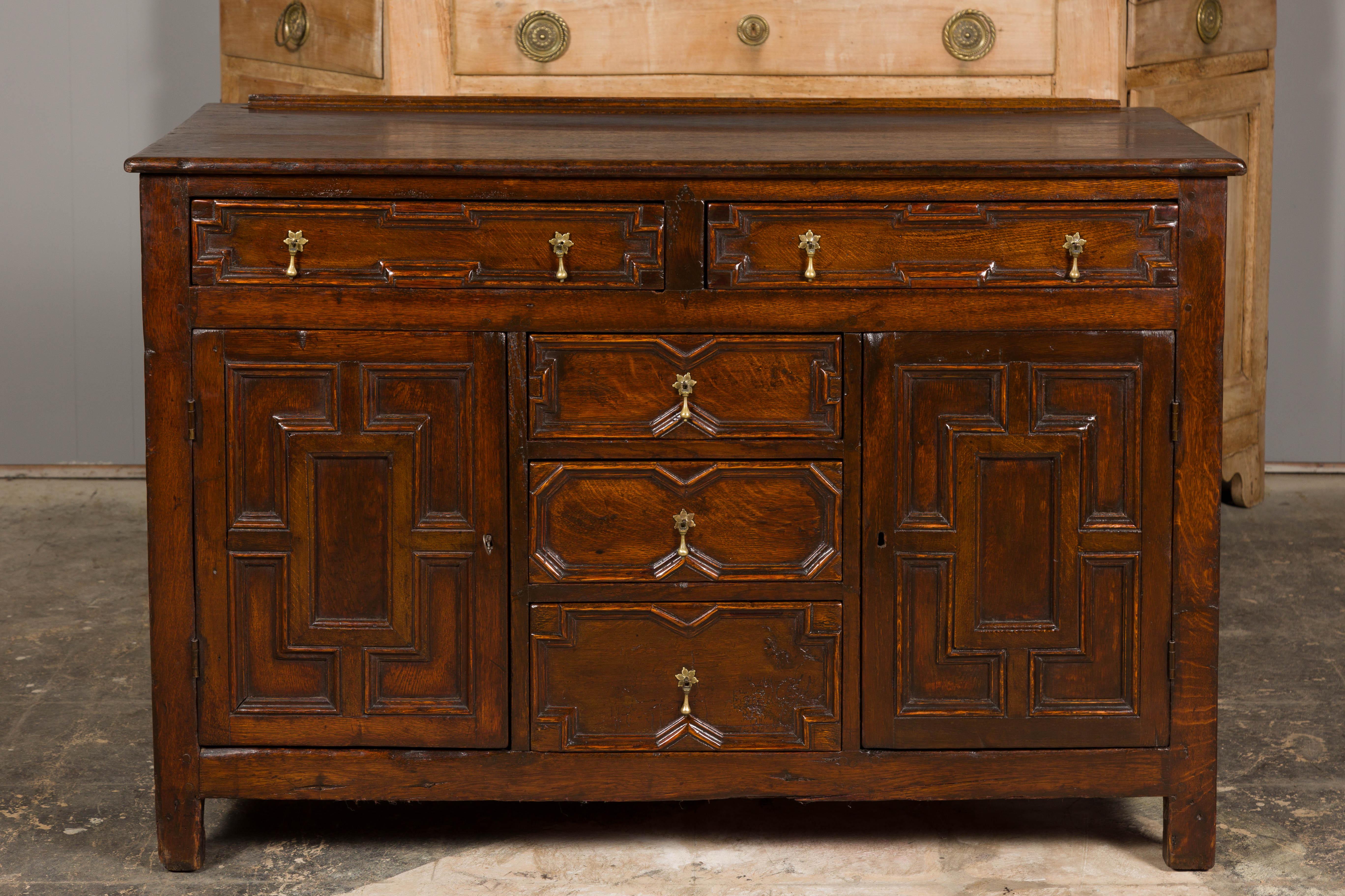 English 19th Century Oak Dresser Base with Geometric Front, Drawers and Doors For Sale 1