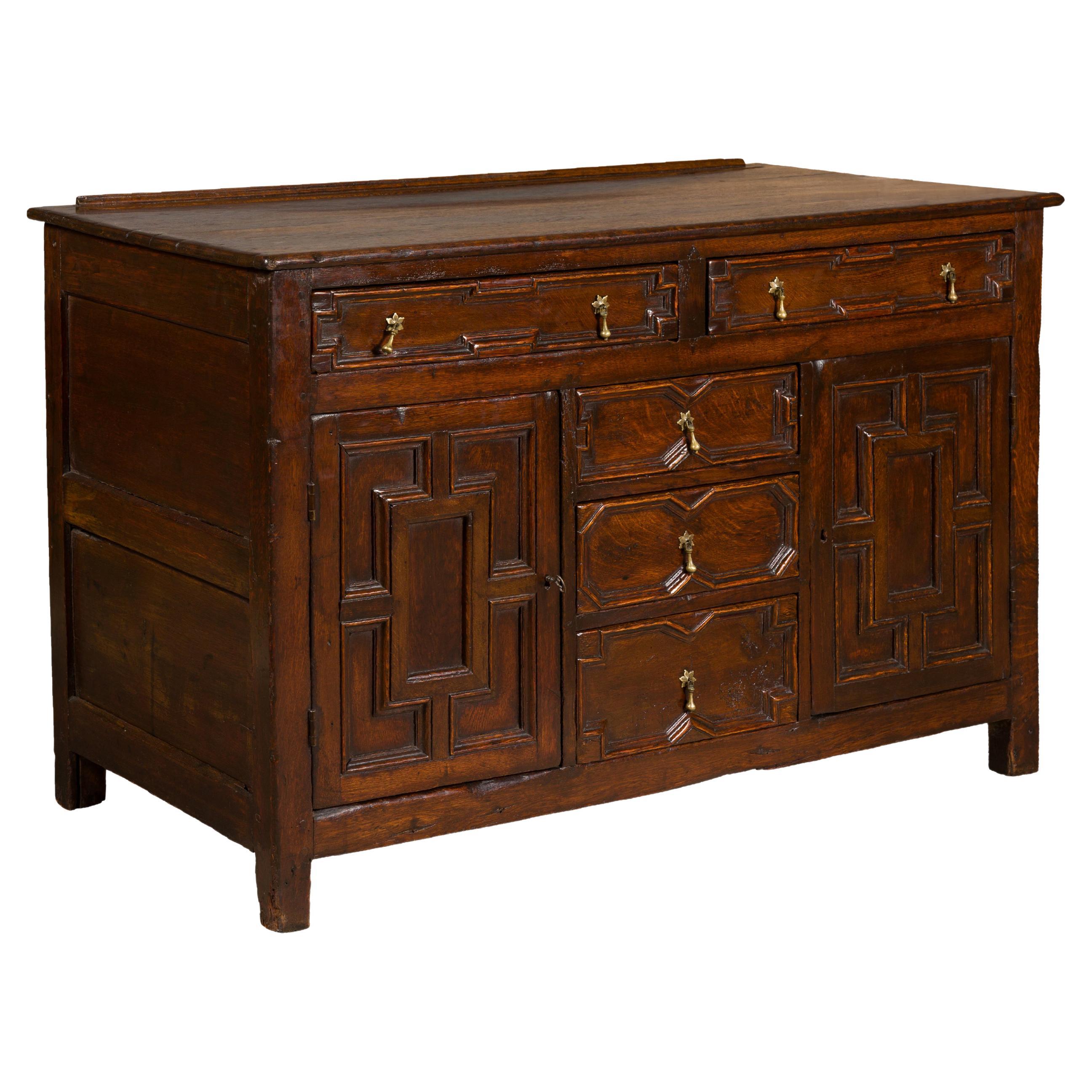 English 19th Century Oak Dresser Base with Geometric Front, Drawers and Doors