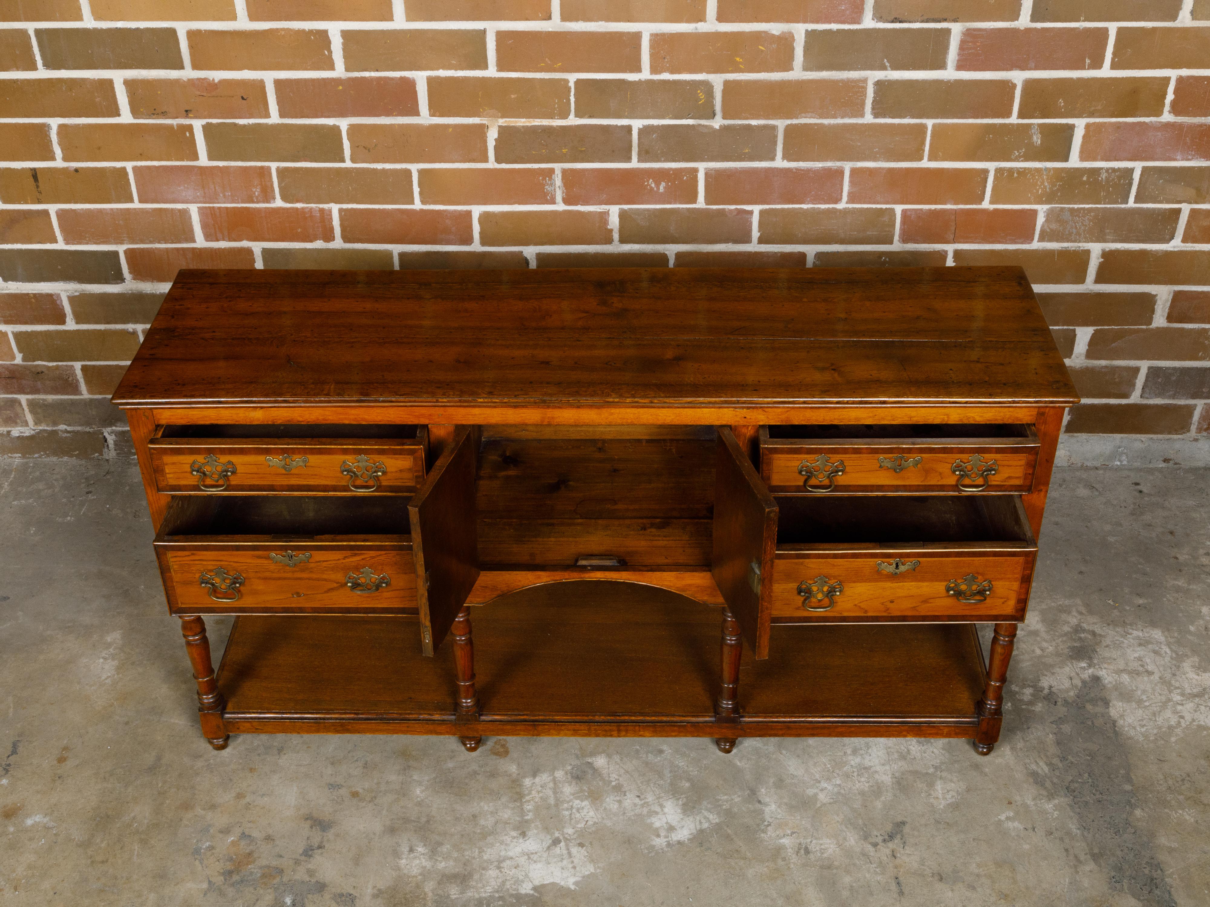 English 19th Century Oak Dresser Base with Marquetry, Doors and Drawers For Sale 5