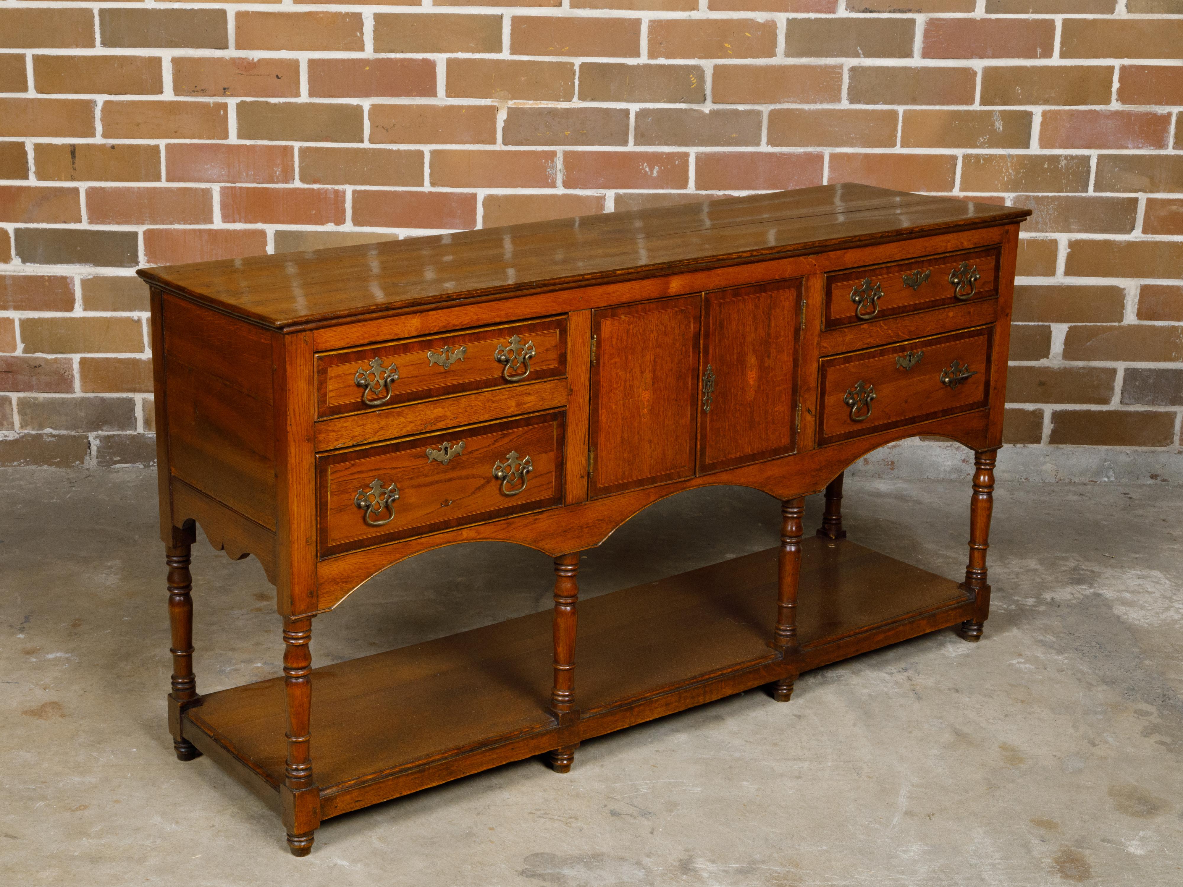 English 19th Century Oak Dresser Base with Marquetry, Doors and Drawers For Sale 6