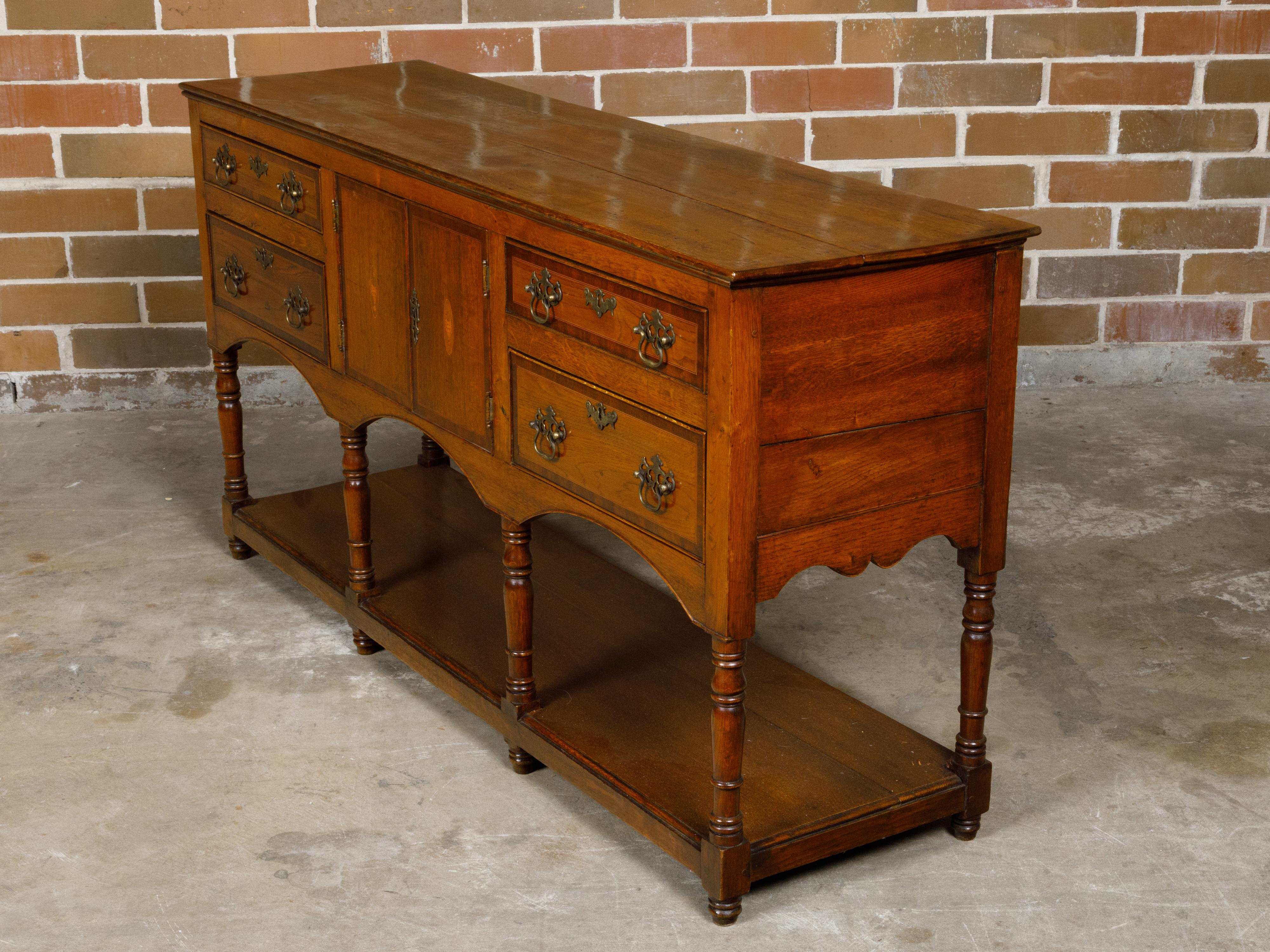 English 19th Century Oak Dresser Base with Marquetry, Doors and Drawers For Sale 10