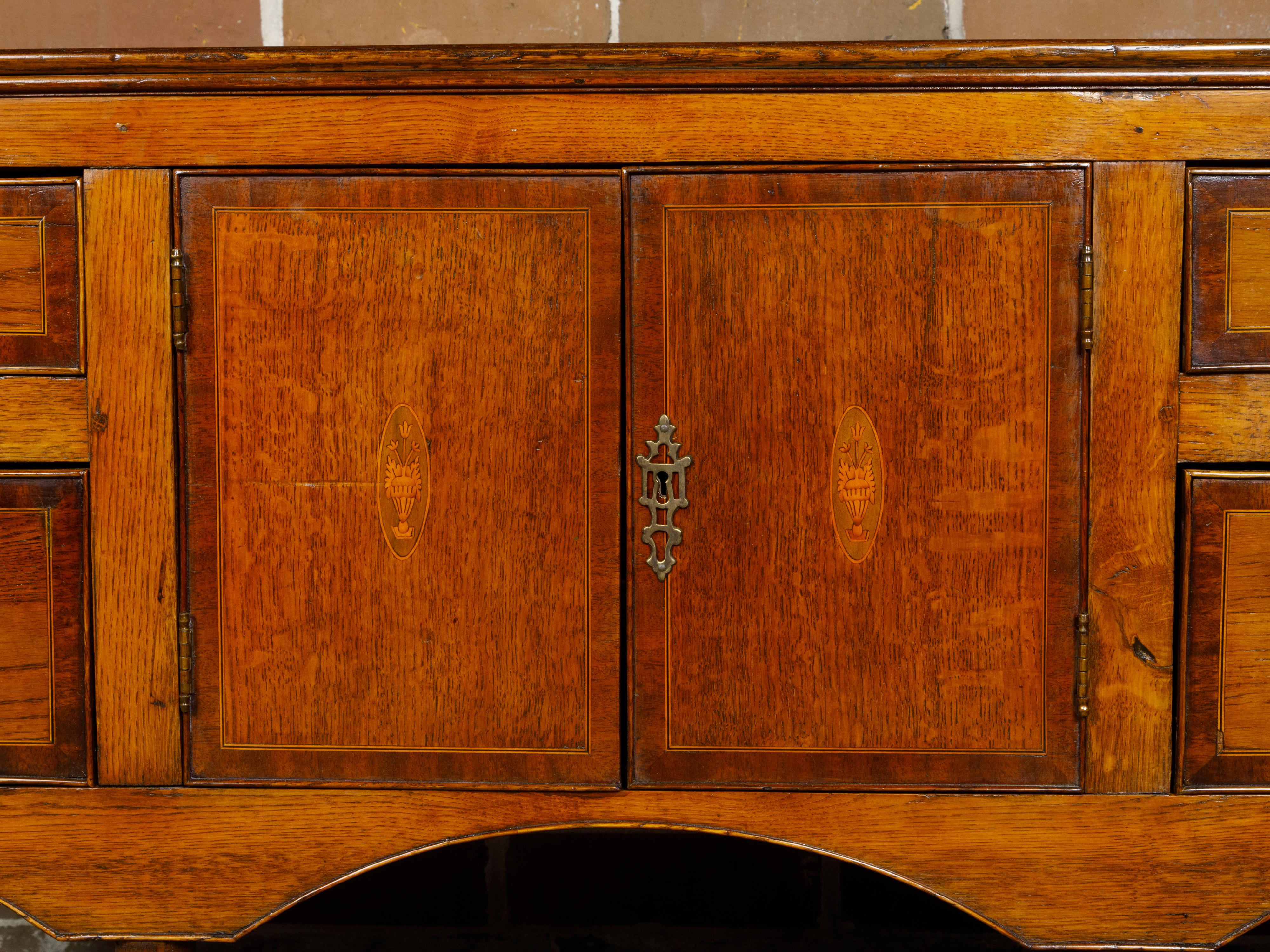English 19th Century Oak Dresser Base with Marquetry, Doors and Drawers For Sale 3