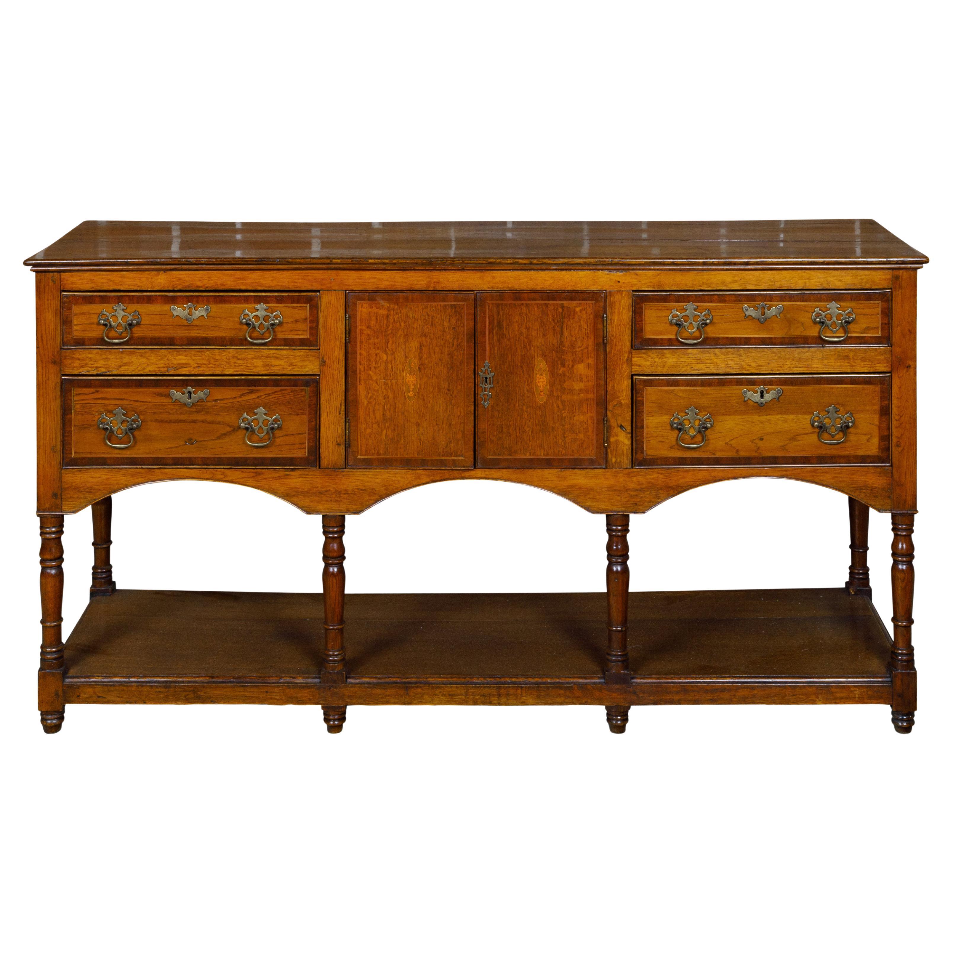 English 19th Century Oak Dresser Base with Marquetry, Doors and Drawers For Sale