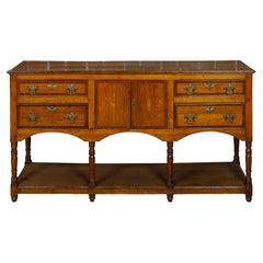 Used English 19th Century Oak Dresser Base with Marquetry, Doors and Drawers