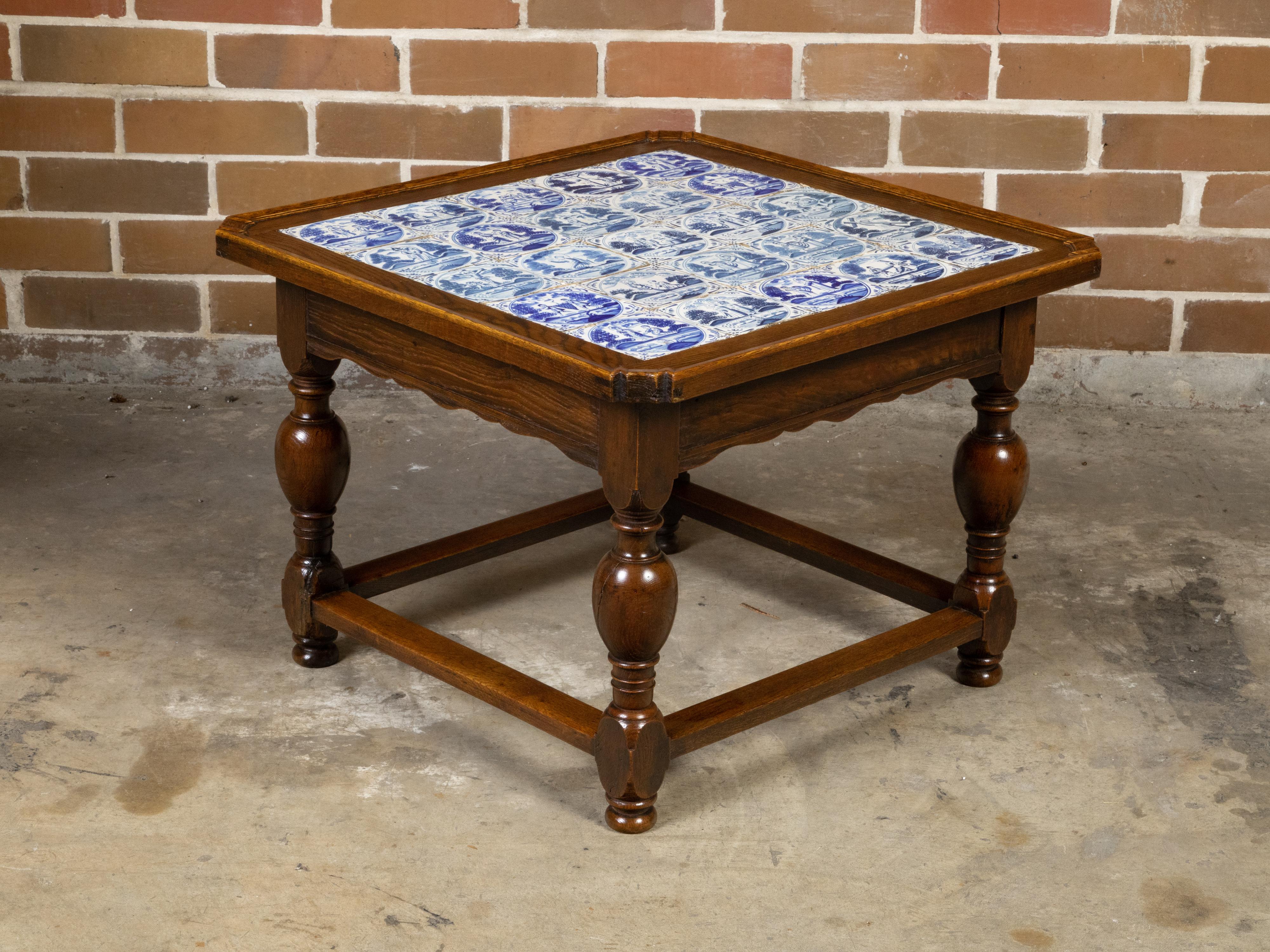 English 19th Century Oak Drinks Table with Delft Tiles and Turned Baluster Legs In Good Condition In Atlanta, GA
