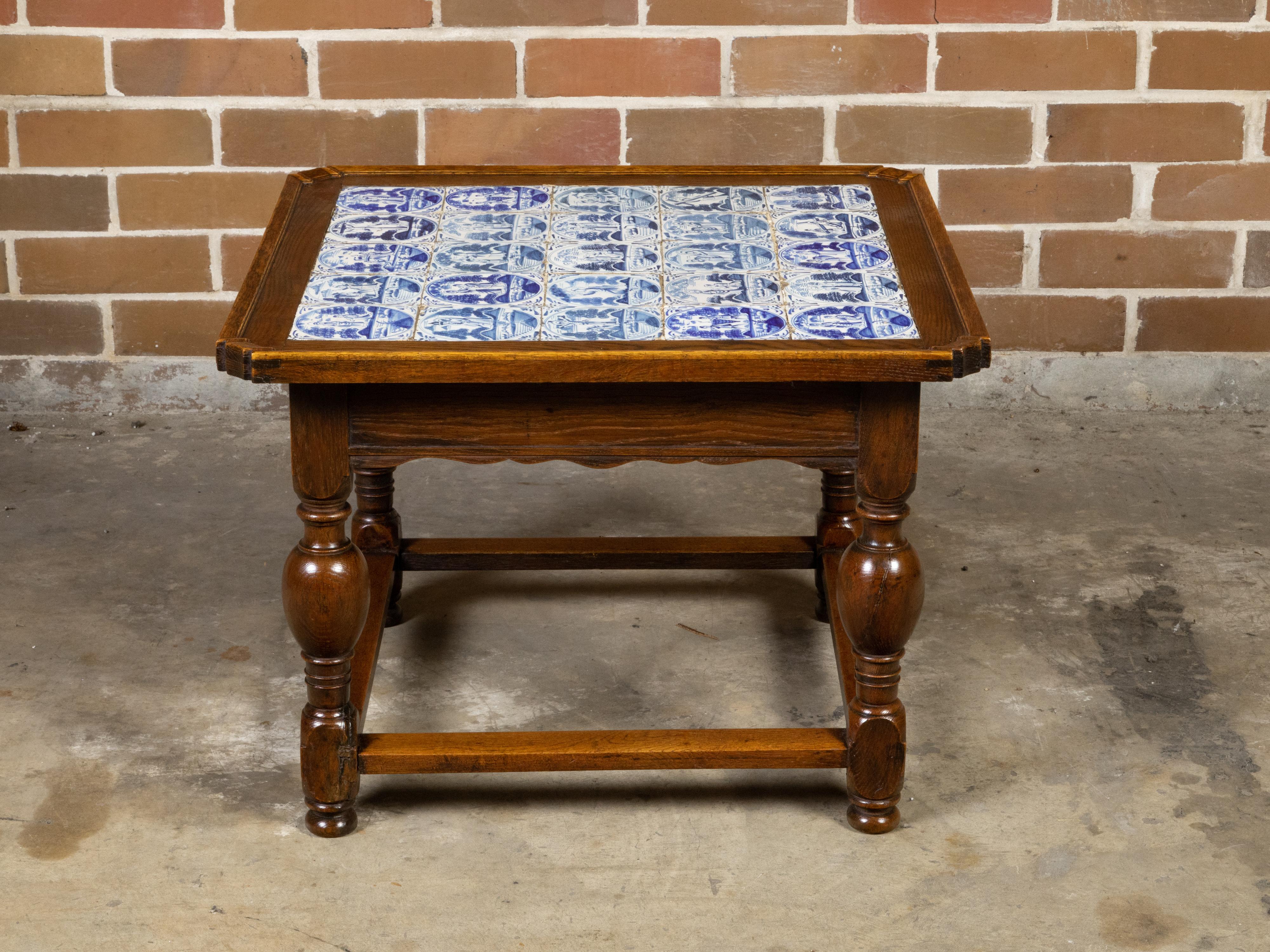 English 19th Century Oak Drinks Table with Delft Tiles and Turned Baluster Legs 1