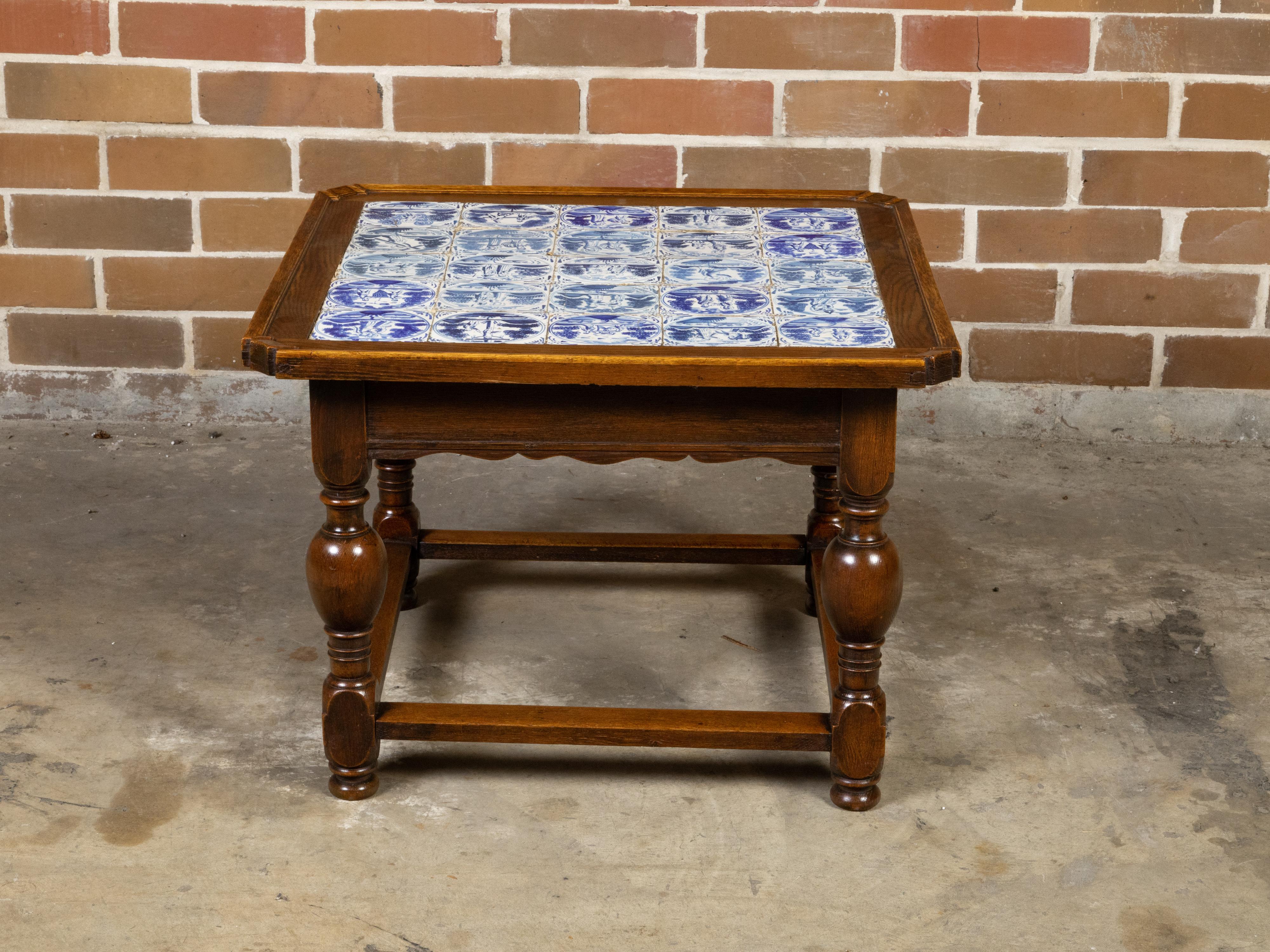 English 19th Century Oak Drinks Table with Delft Tiles and Turned Baluster Legs 2
