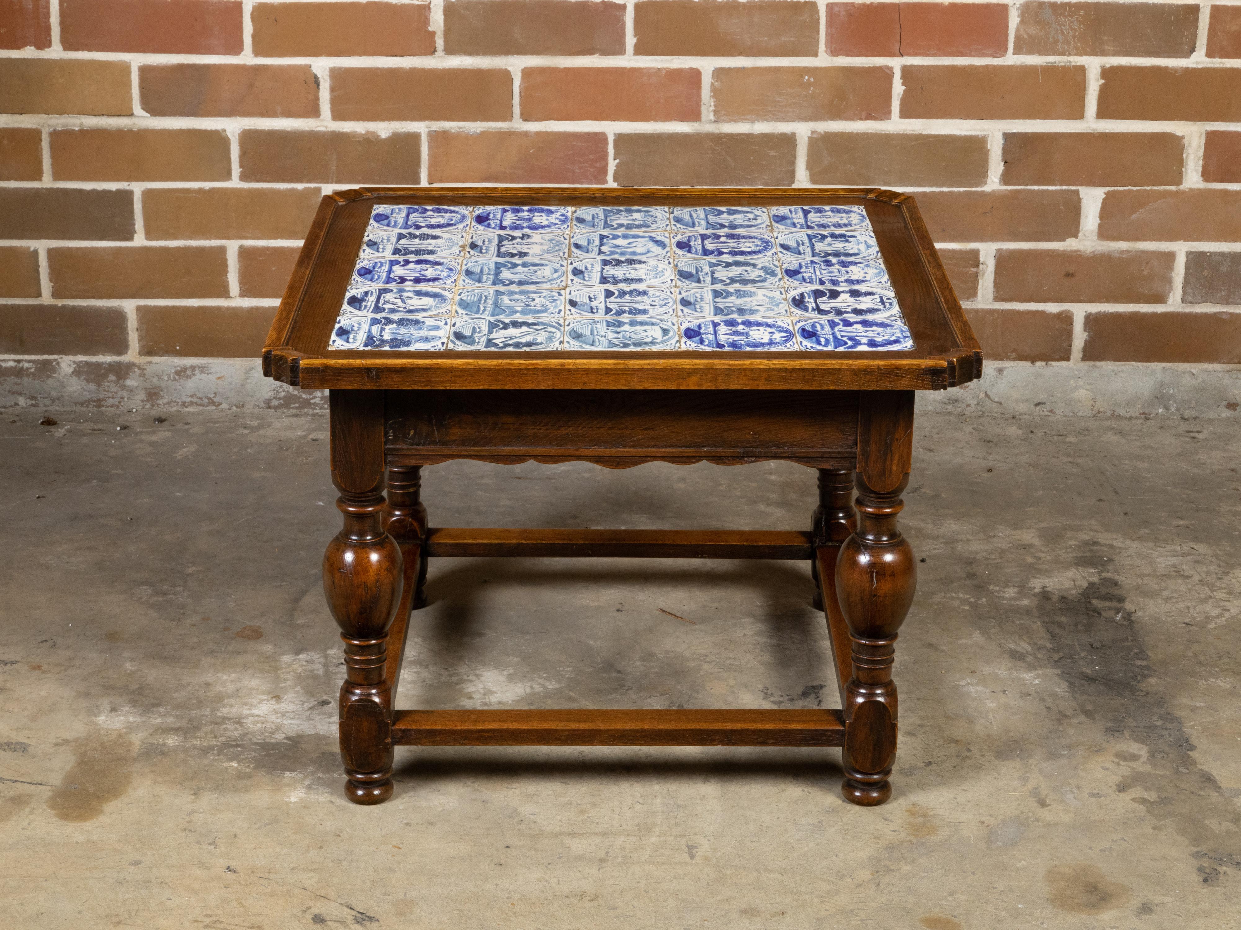 English 19th Century Oak Drinks Table with Delft Tiles and Turned Baluster Legs 3