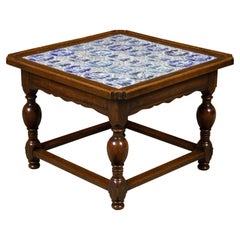 English 19th Century Oak Drinks Table with Delft Tiles and Turned Baluster Legs