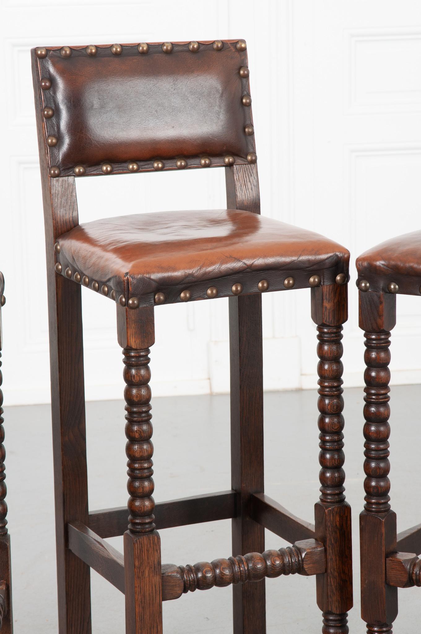 Rustic English 19th Century Oak & Leather Pub Chairs