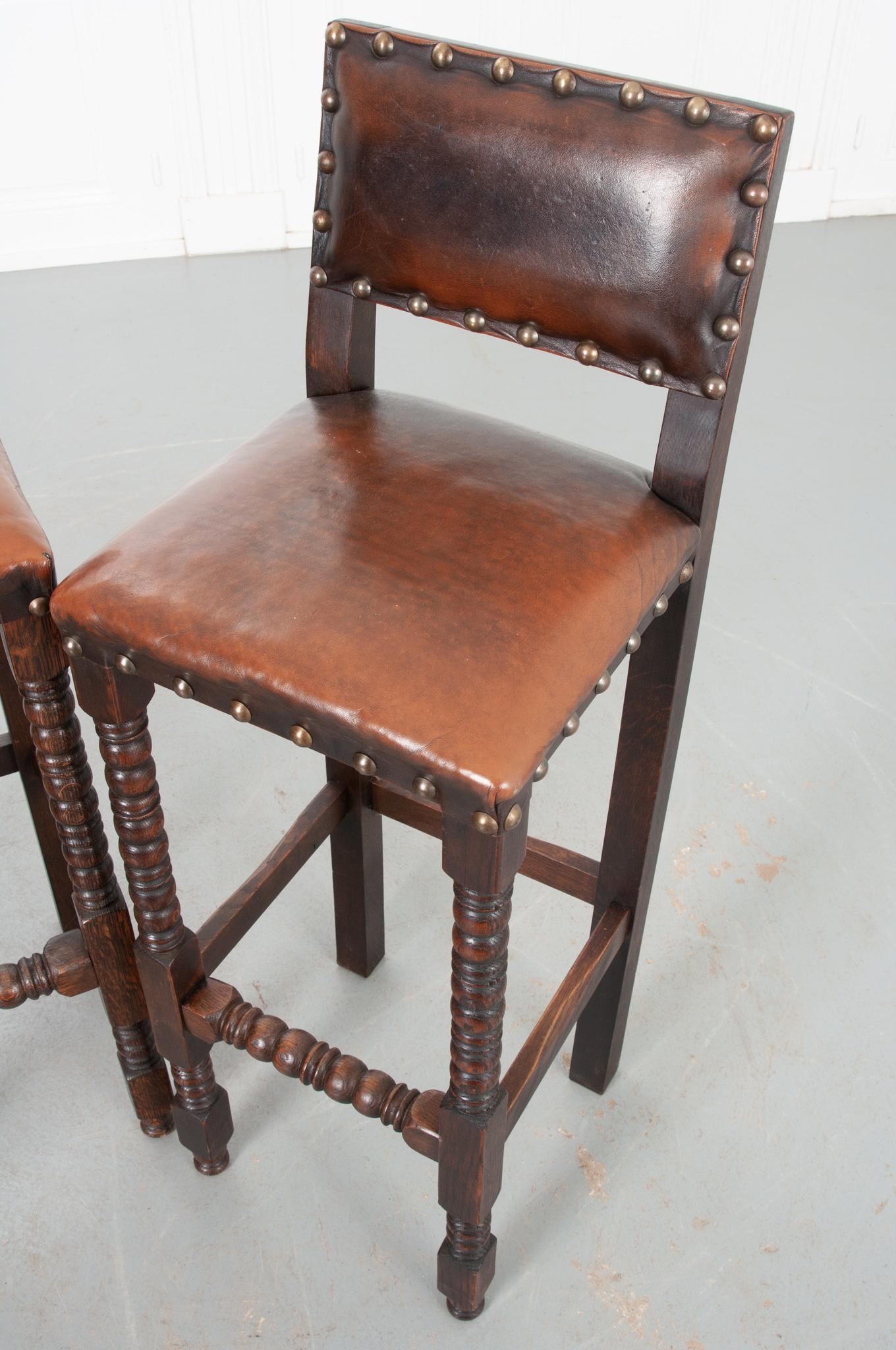 Hand-Crafted English 19th Century Oak & Leather Pub Chairs