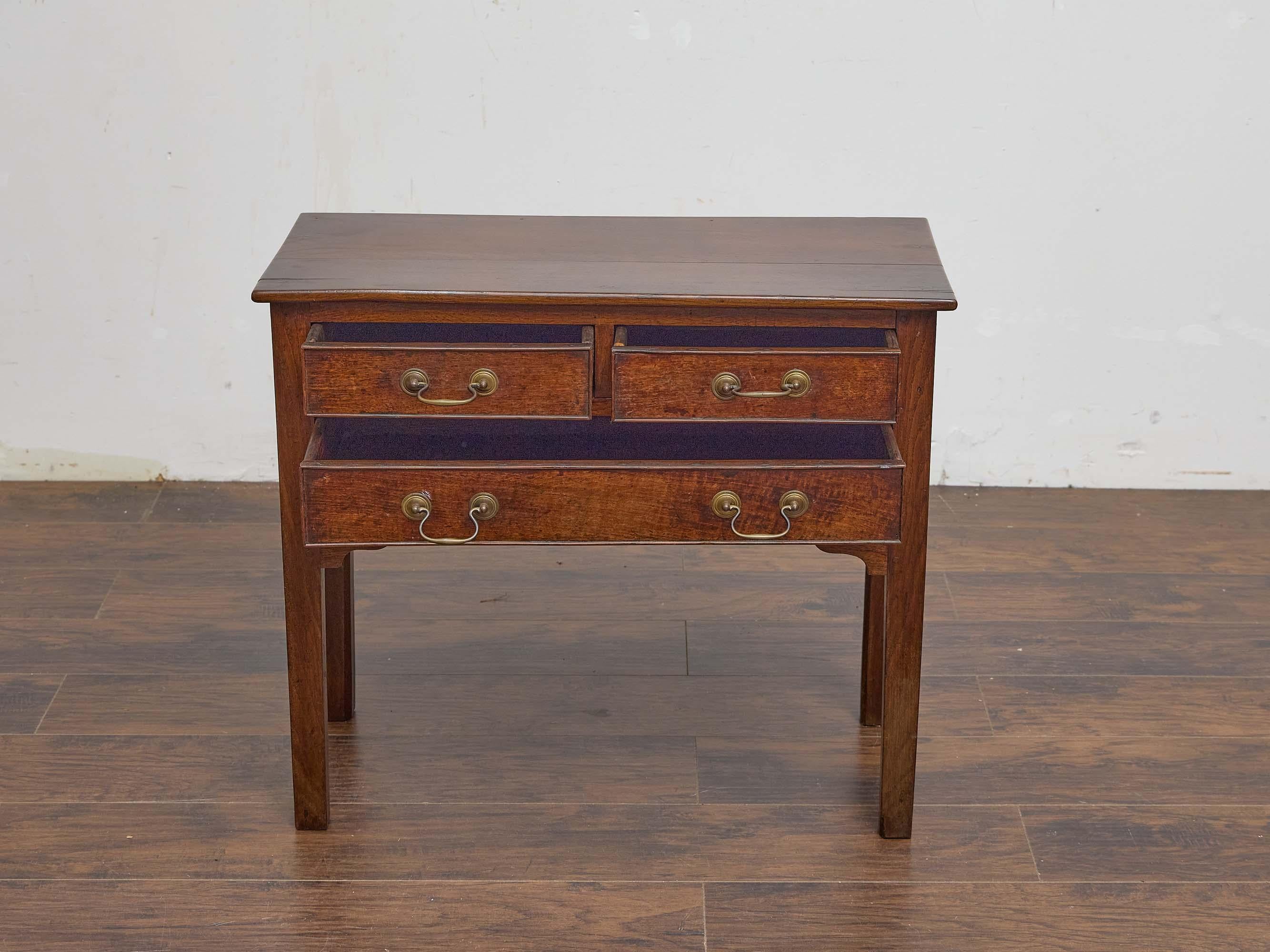 Country English 19th Century Oak Lowboy with Brass Drop Handles For Sale
