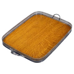 English 19th Century Oak Serving Tray with Pierced Metal Gallery and Handles