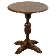 Antique English 19th Century Oak Side Table with Circular Top and Carved Pedestal Base