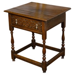 English 19th Century Oak Side Table with Single Carved Drawer and Brass Pulls