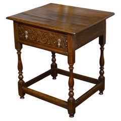 Antique English 19th Century Oak Side Table with Single Carved Drawer and Brass Pulls