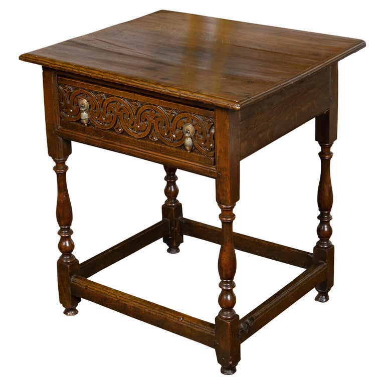 English 19th Century Oak Side Table with Single Carved Drawer and Brass ...