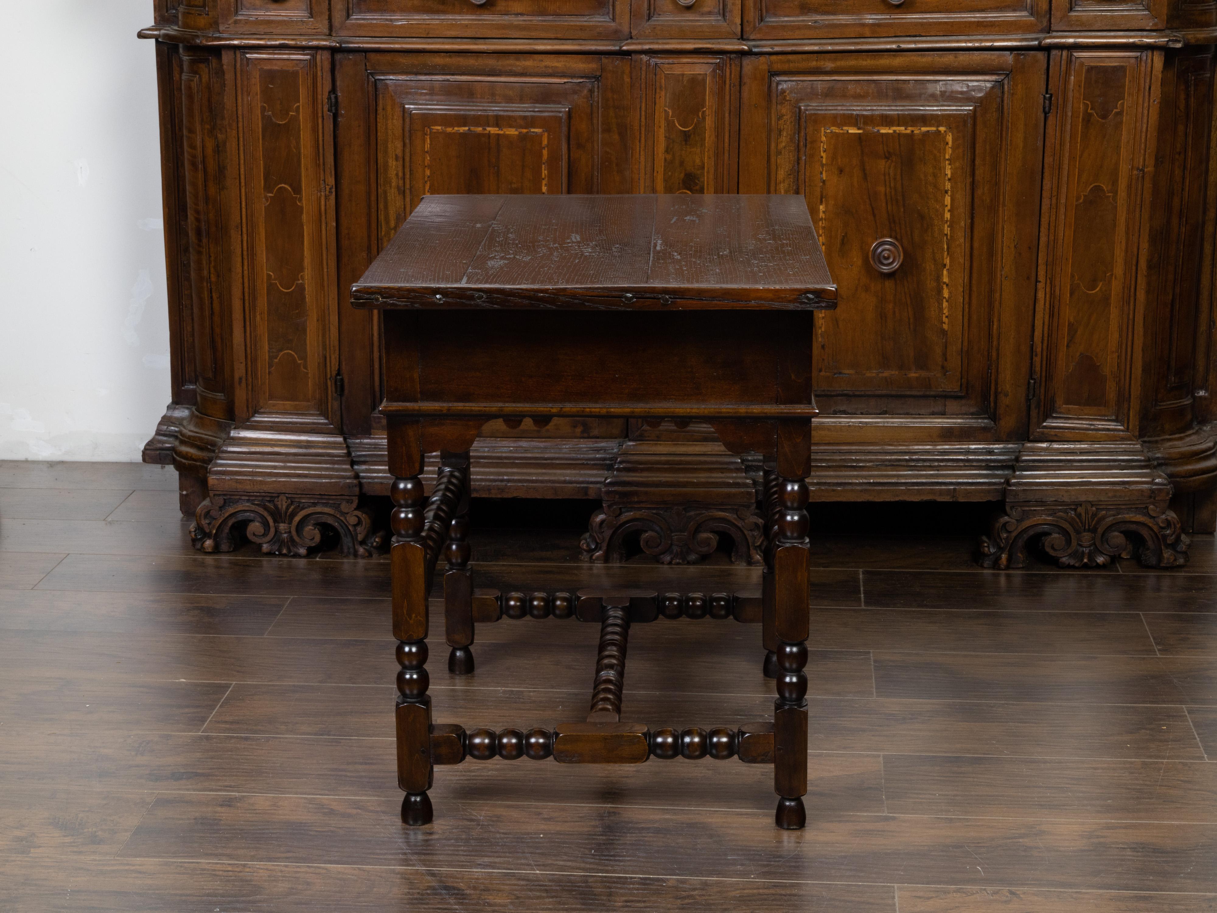 English 19th Century Oak Side Table with Single Drawer and Bobbin Stretcher 1