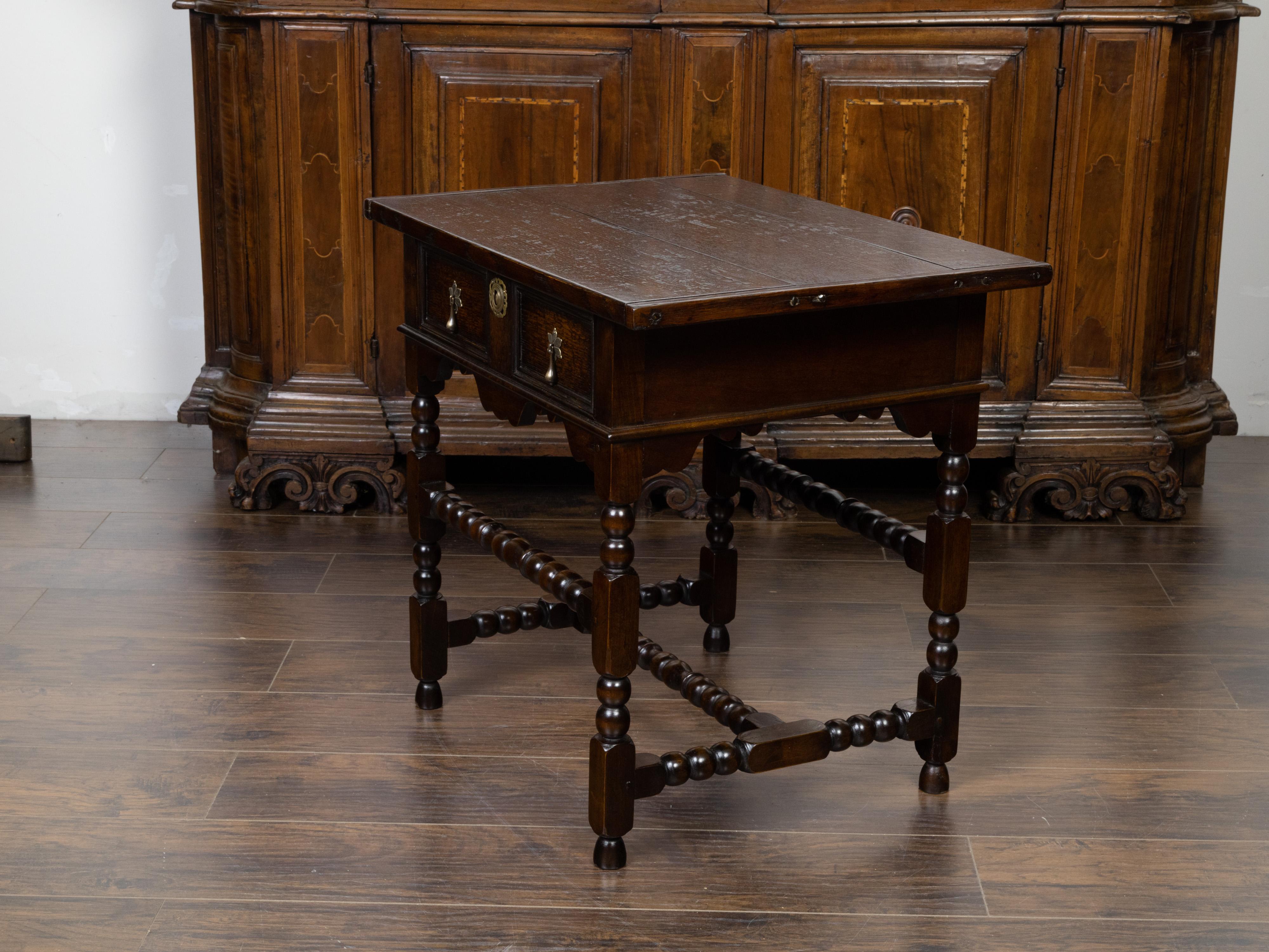 English 19th Century Oak Side Table with Single Drawer and Bobbin Stretcher 4