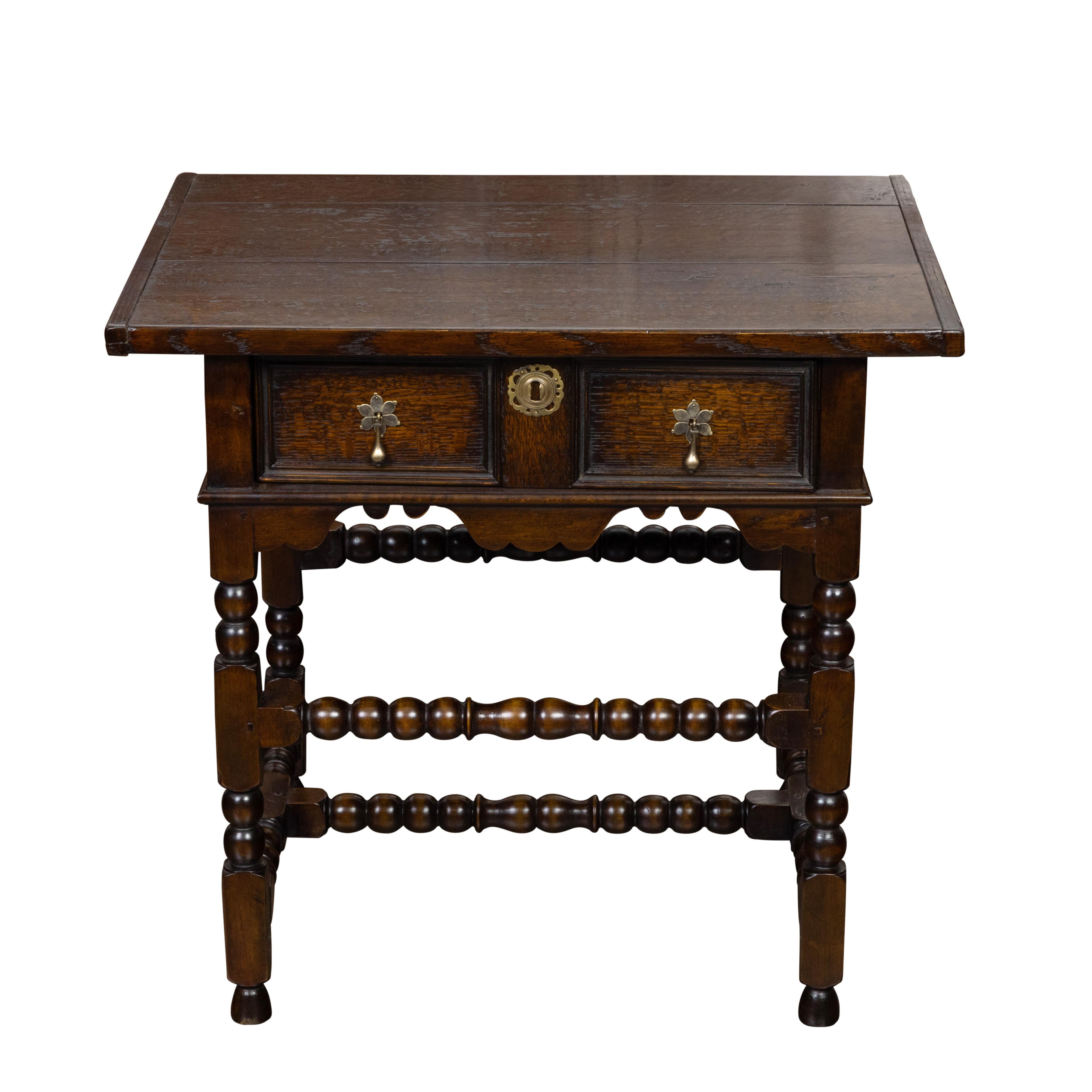 English 19th Century Oak Side Table with Single Drawer and Bobbin Stretcher