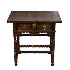English 19th Century Oak Side Table with Single Drawer and Bobbin Stretcher
