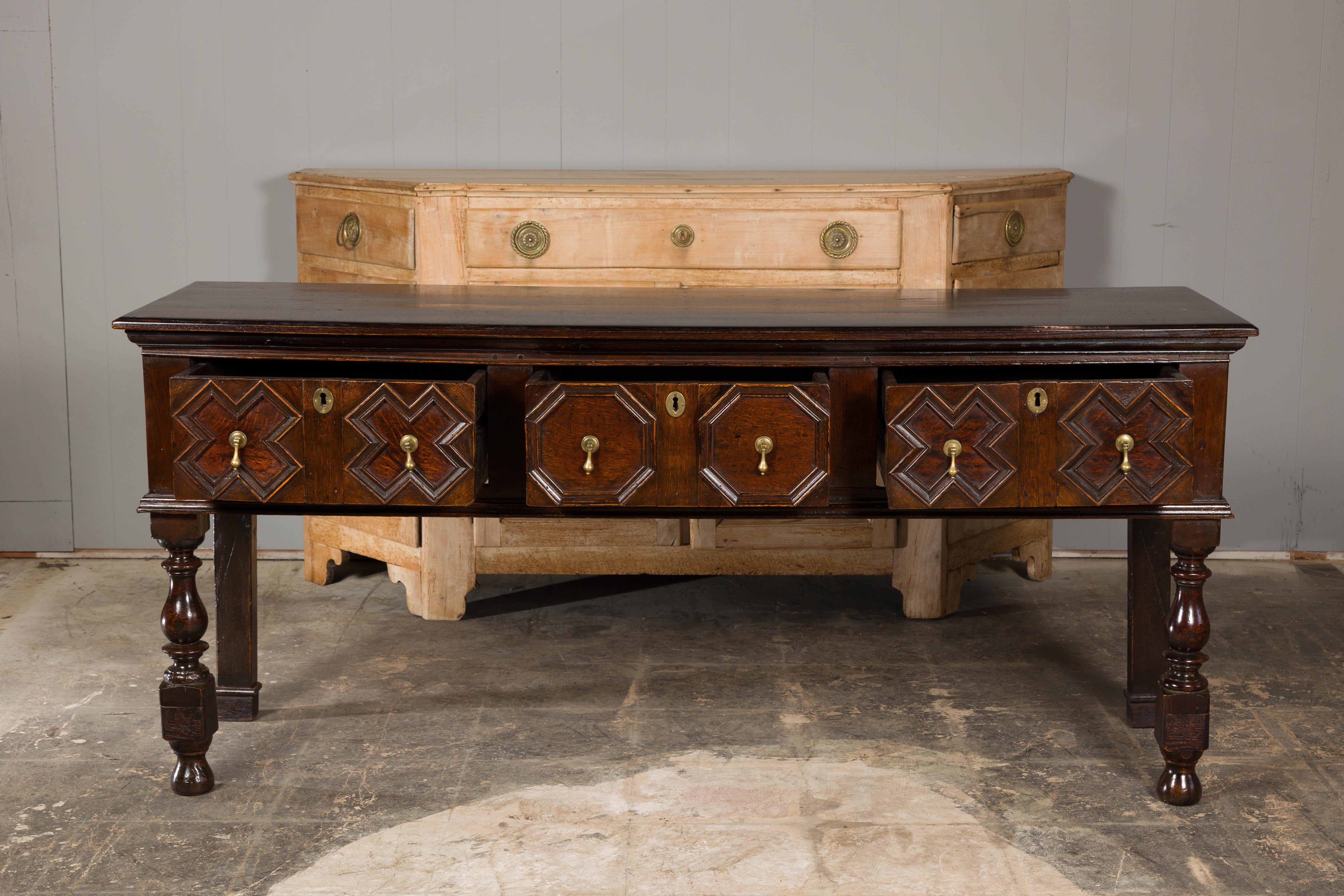 English 19th Century Oak Sideboard with Geometric Front and Three Drawers For Sale 5