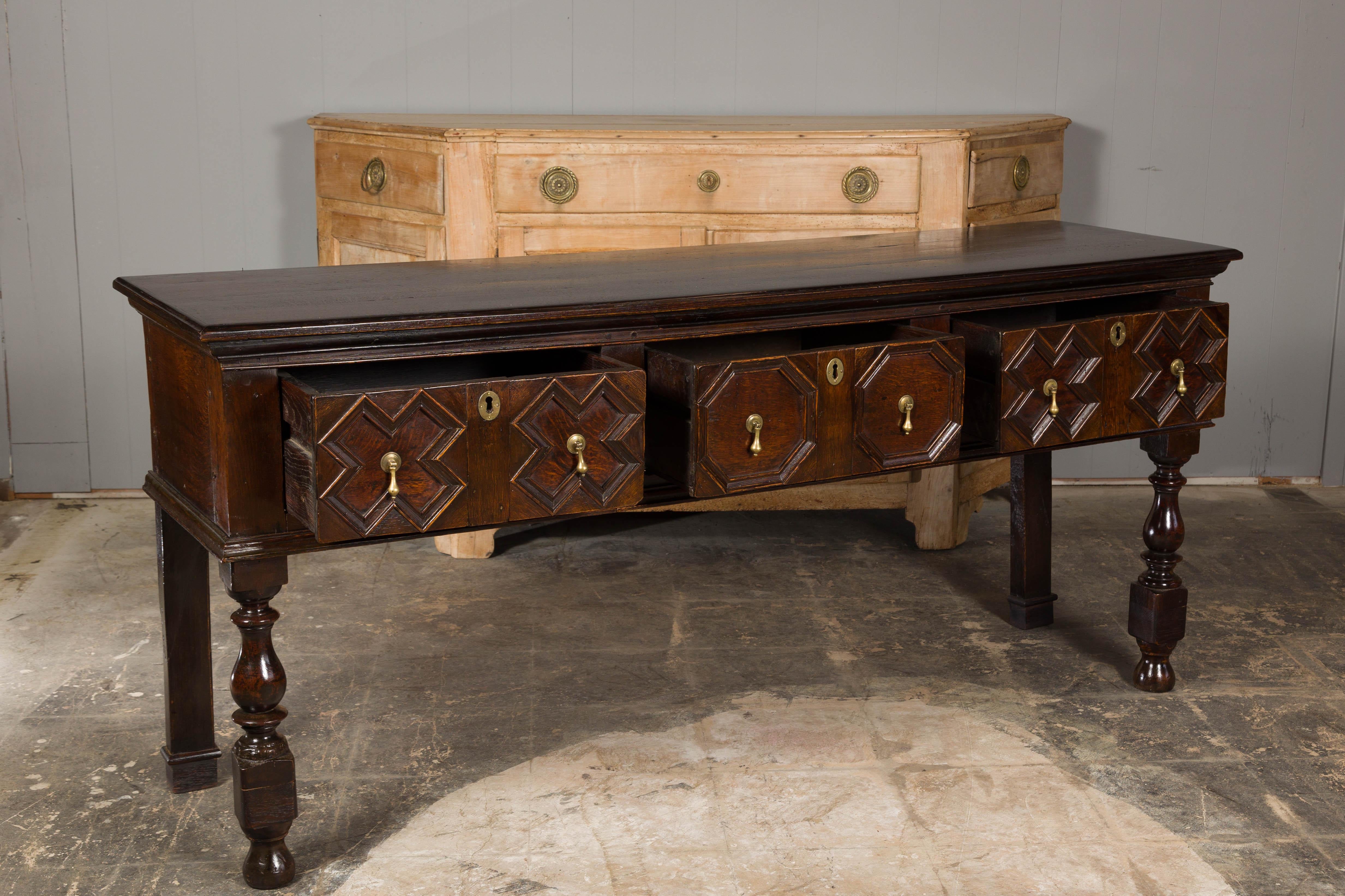 English 19th Century Oak Sideboard with Geometric Front and Three Drawers For Sale 7