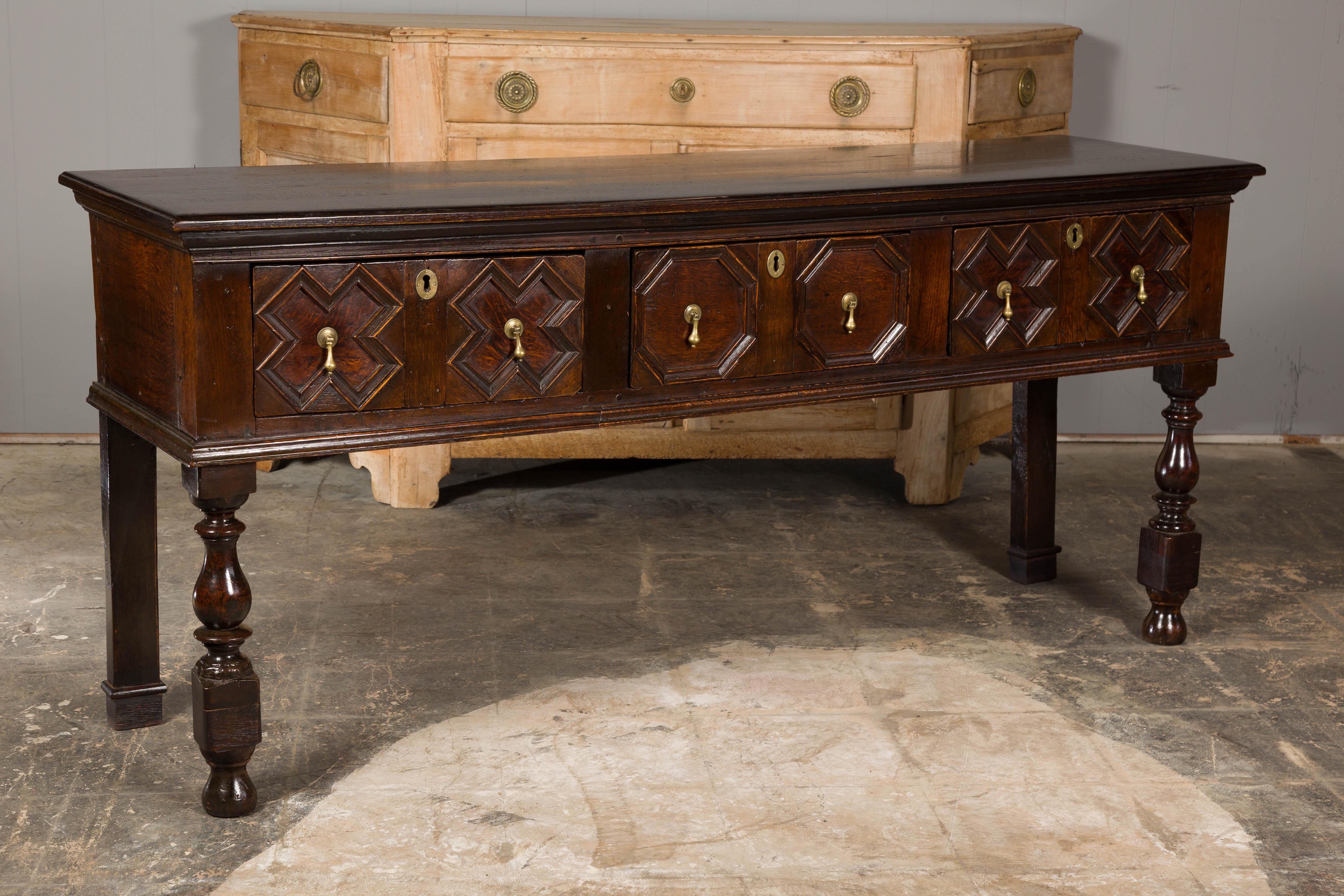 English 19th Century Oak Sideboard with Geometric Front and Three Drawers For Sale 10