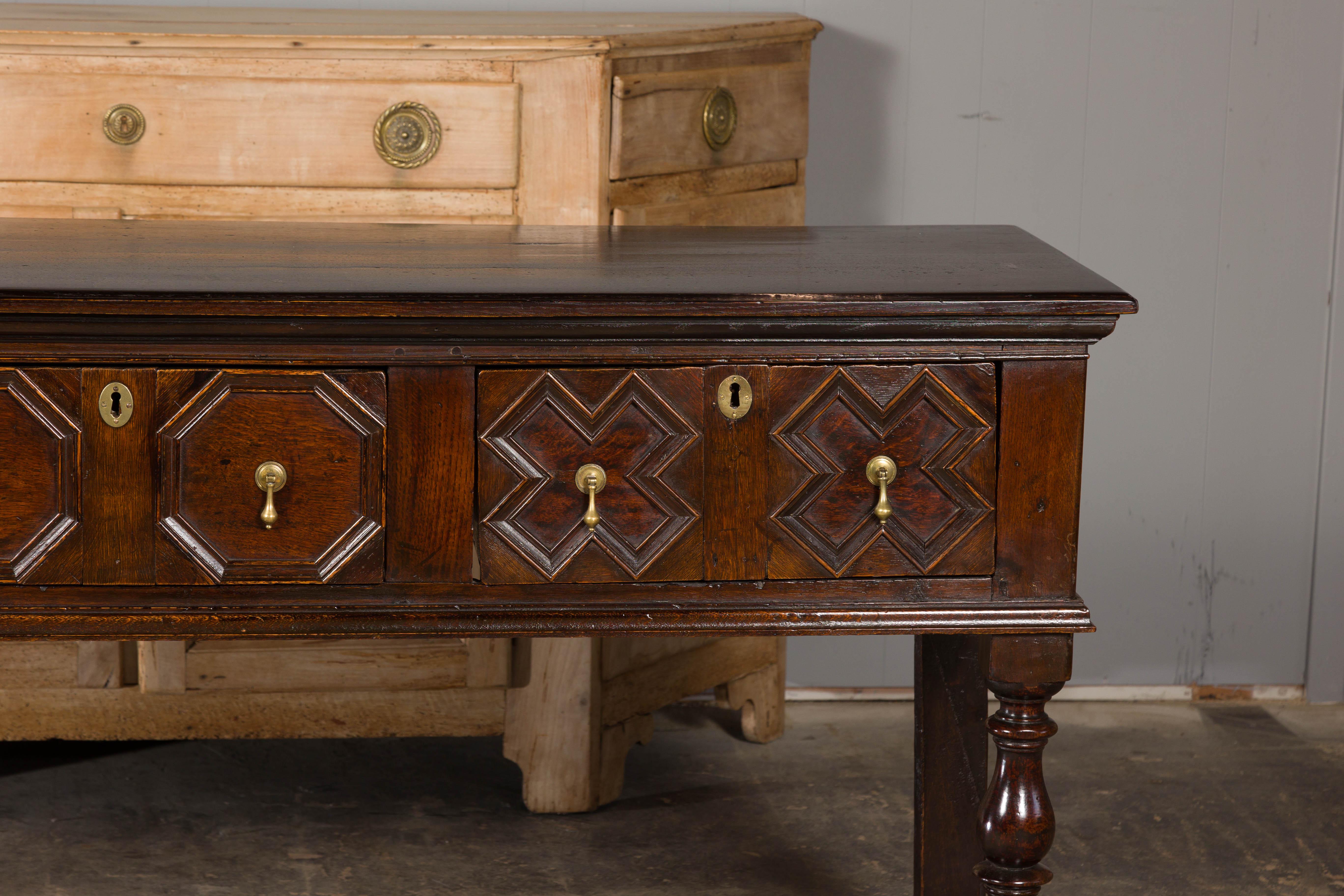 English 19th Century Oak Sideboard with Geometric Front and Three Drawers In Good Condition For Sale In Atlanta, GA