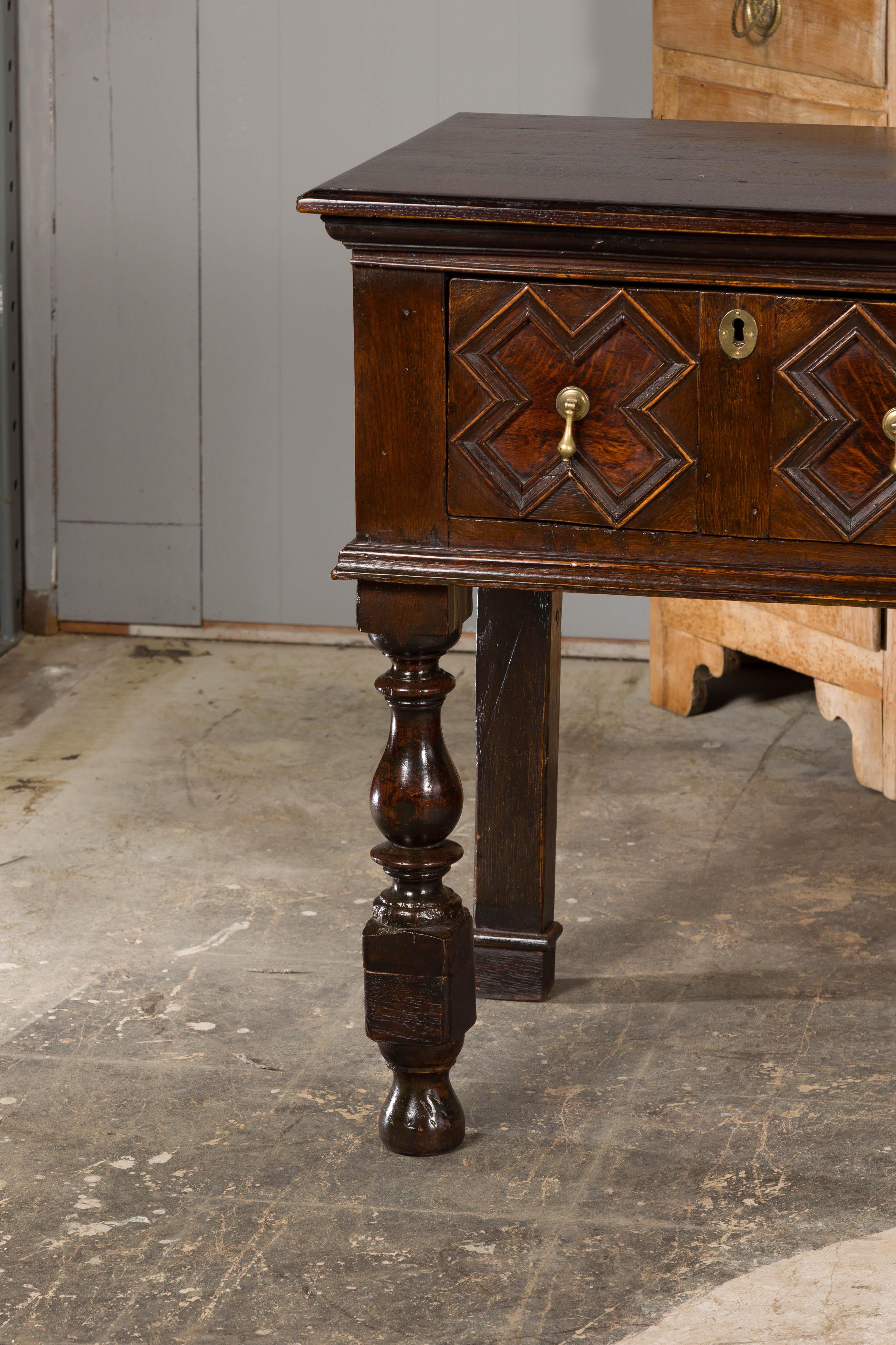 Brass English 19th Century Oak Sideboard with Geometric Front and Three Drawers For Sale