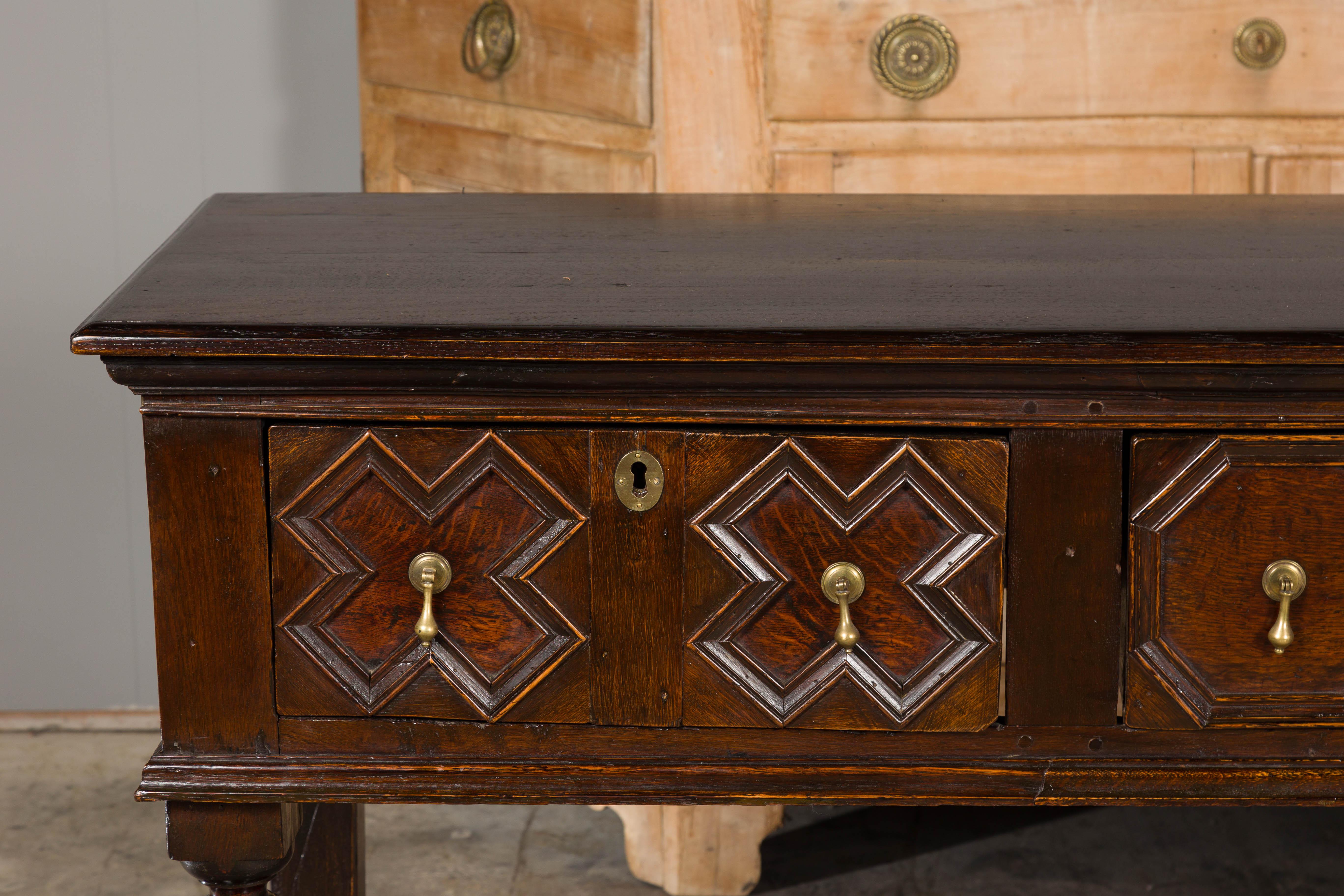 English 19th Century Oak Sideboard with Geometric Front and Three Drawers For Sale 2
