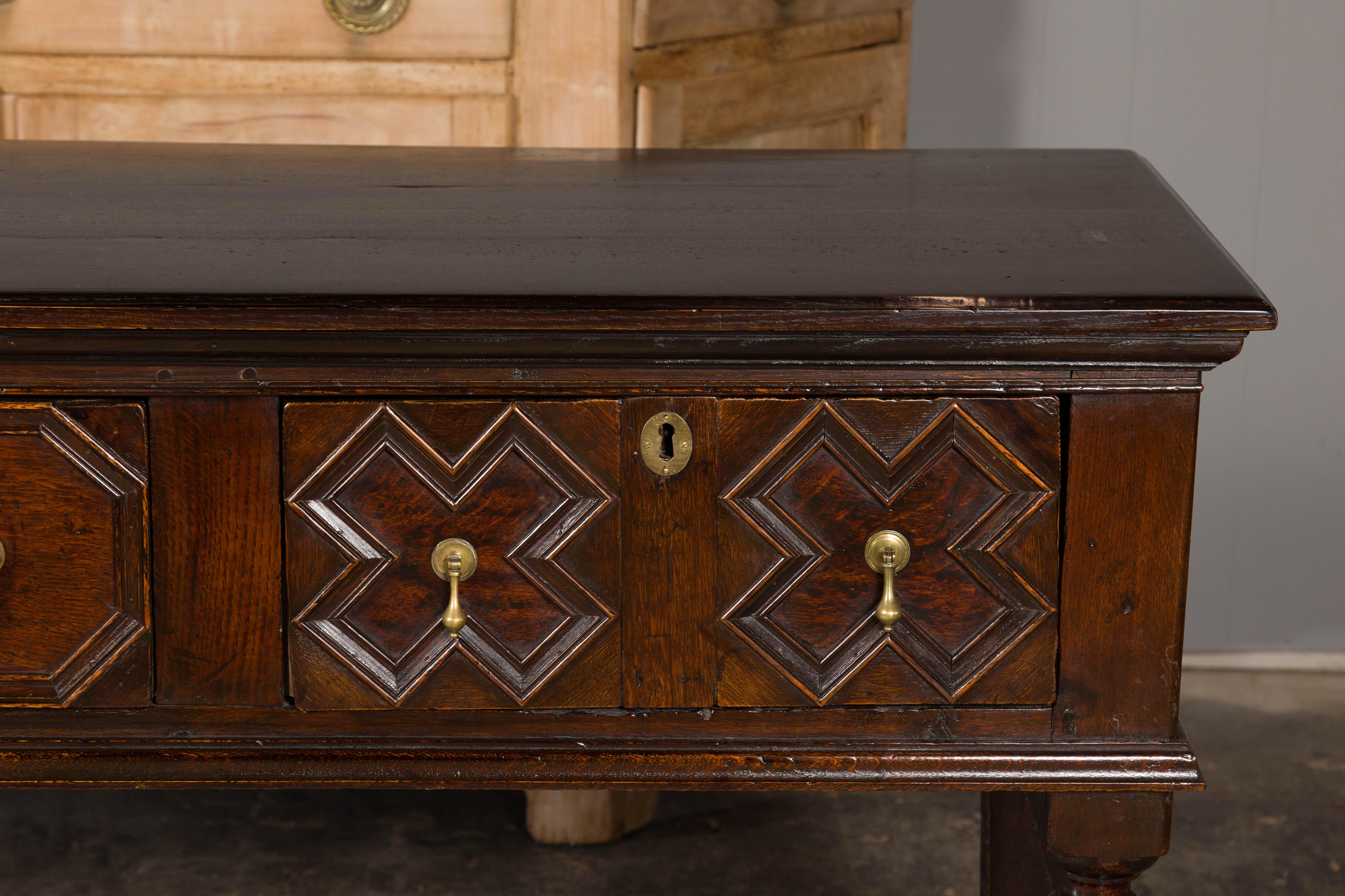 English 19th Century Oak Sideboard with Geometric Front and Three Drawers For Sale 4