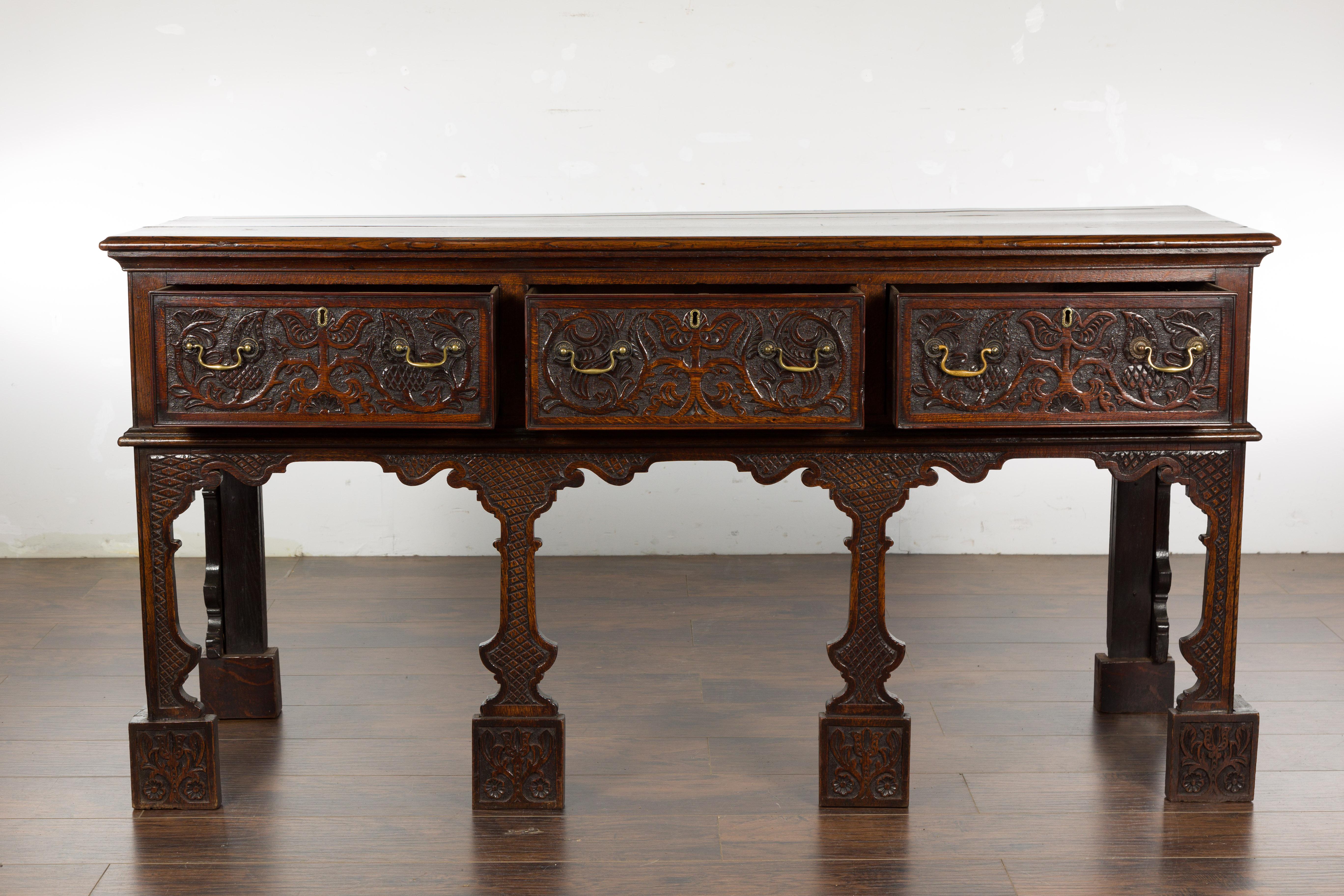 English 19th Century Oak Sideboard with Three Low-Relief Carved Drawers For Sale 6