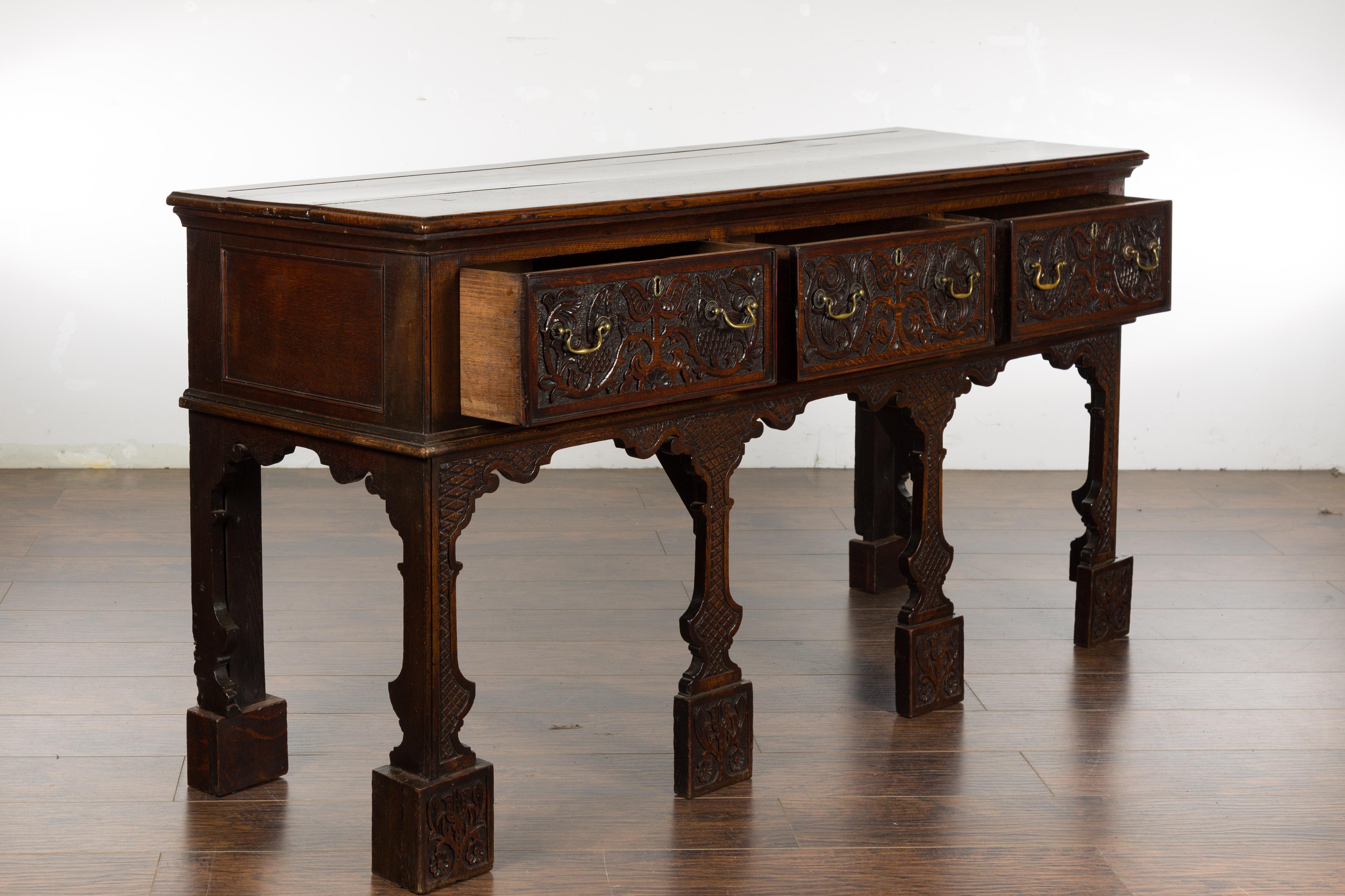 English 19th Century Oak Sideboard with Three Low-Relief Carved Drawers For Sale 7