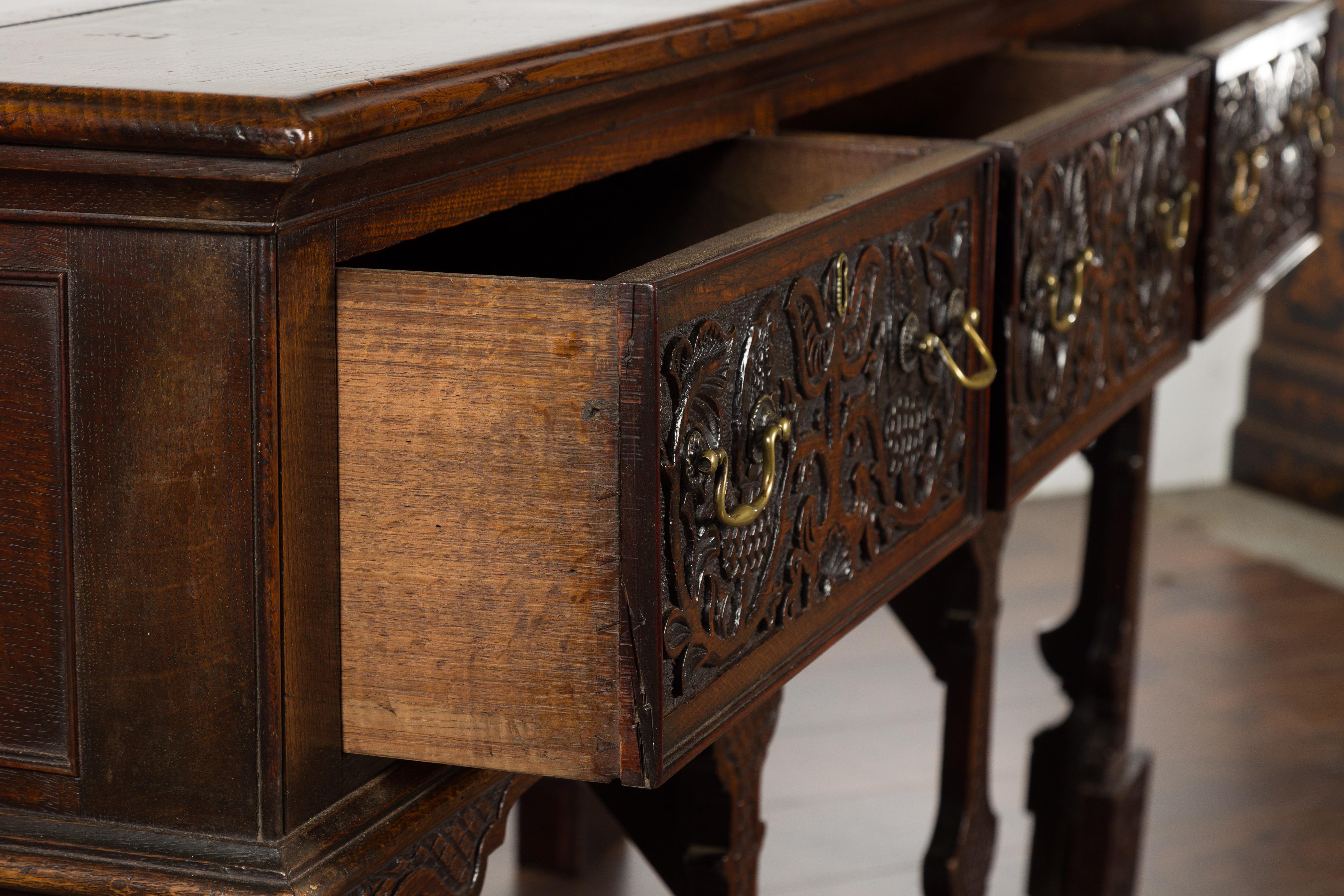 English 19th Century Oak Sideboard with Three Low-Relief Carved Drawers For Sale 8