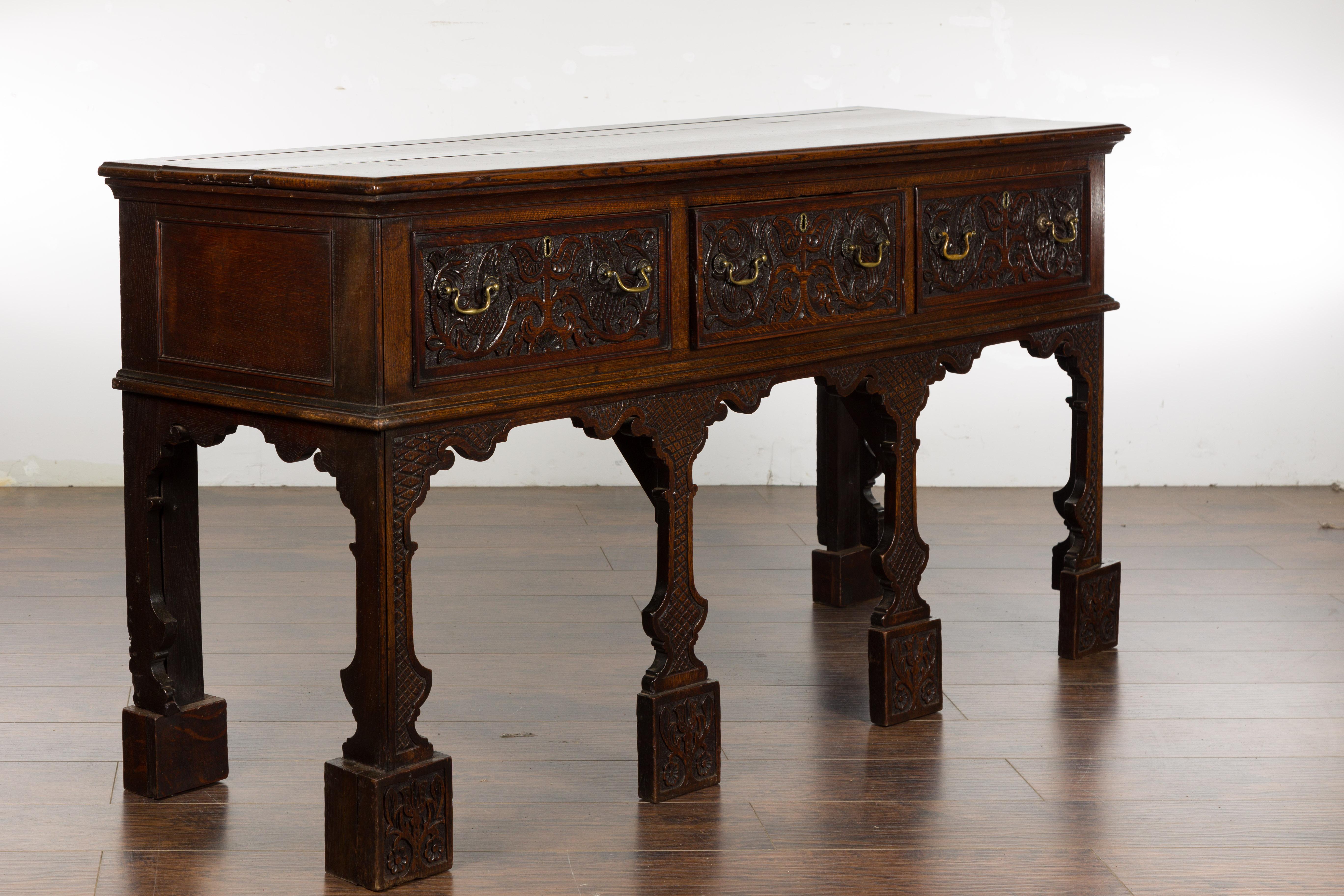 English 19th Century Oak Sideboard with Three Low-Relief Carved Drawers For Sale 10