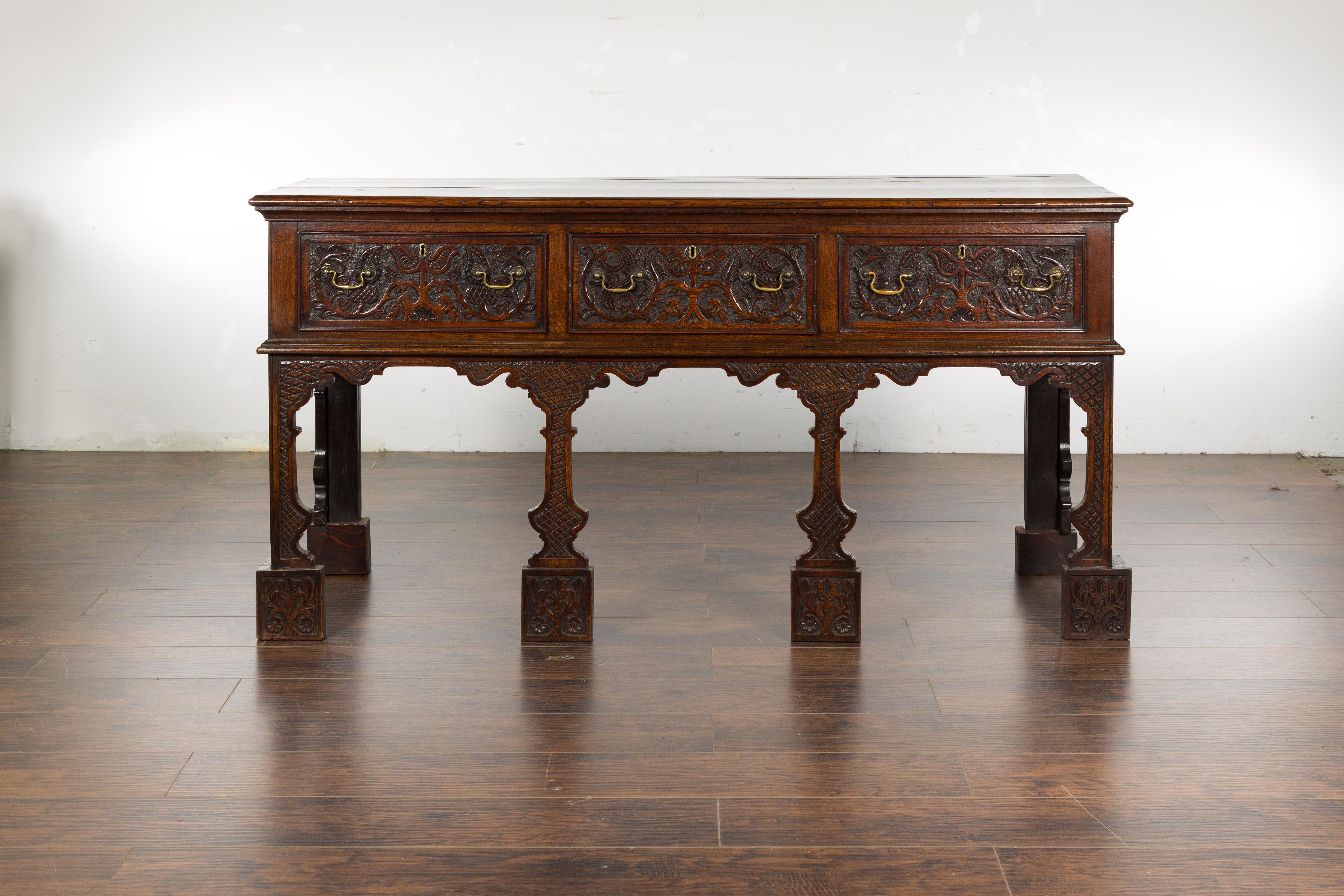 English 19th Century Oak Sideboard with Three Low-Relief Carved Drawers In Good Condition For Sale In Atlanta, GA